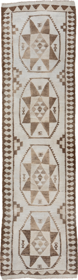 2' x 9' one-of-a-kind handmade antique Kilim runner rug. Color palette: ivory, taupe, brown, camel, beige, gray