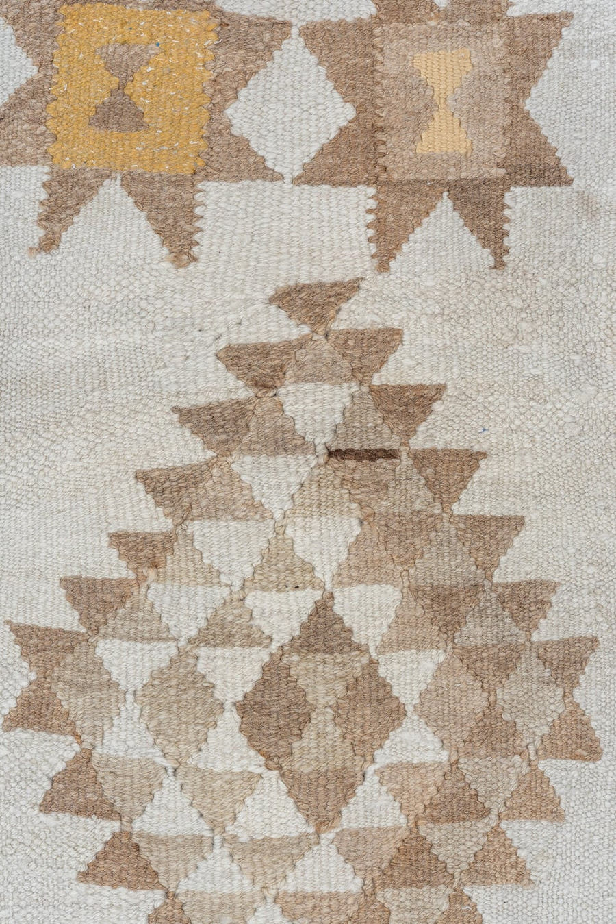 2' x 10' one-of-a-kind handmade antique Kilim runner rug. Color palette: ivory, taupe, camel, beige, sand, gold, gray