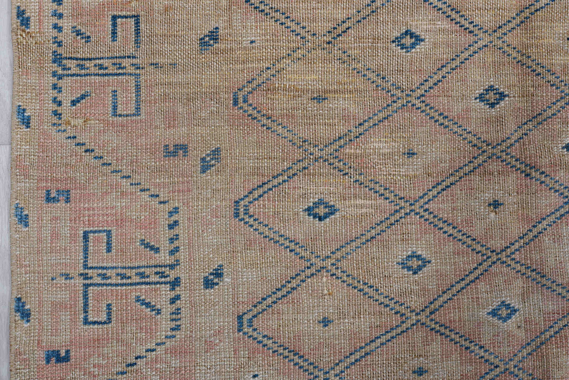 3' x 6' one-of-a-kind handmade vintage Oushak small size rug. Color palette: taupe, blush, denim, ivory, dusty rose, beige