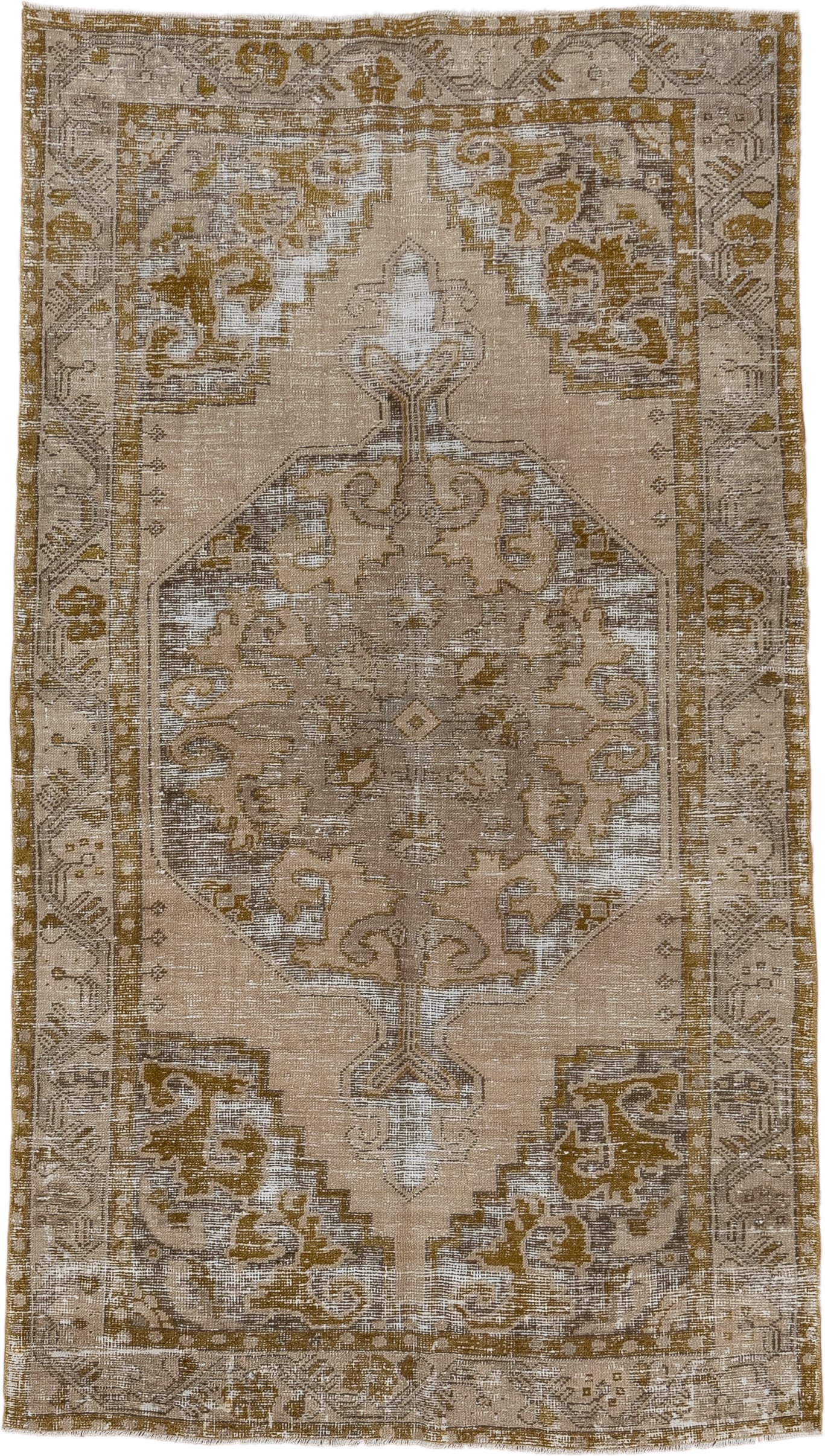 4' x 7' one-of-a-kind handmade vintage Oushak rug. Color palette: beige, taupe, gold, ivory, camel, brown, gray