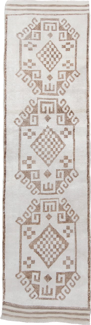 3' x 11' one-of-a-kind handmade vintage Kars runner rug. Color palette: ivory, taupe, beige, camel, gray