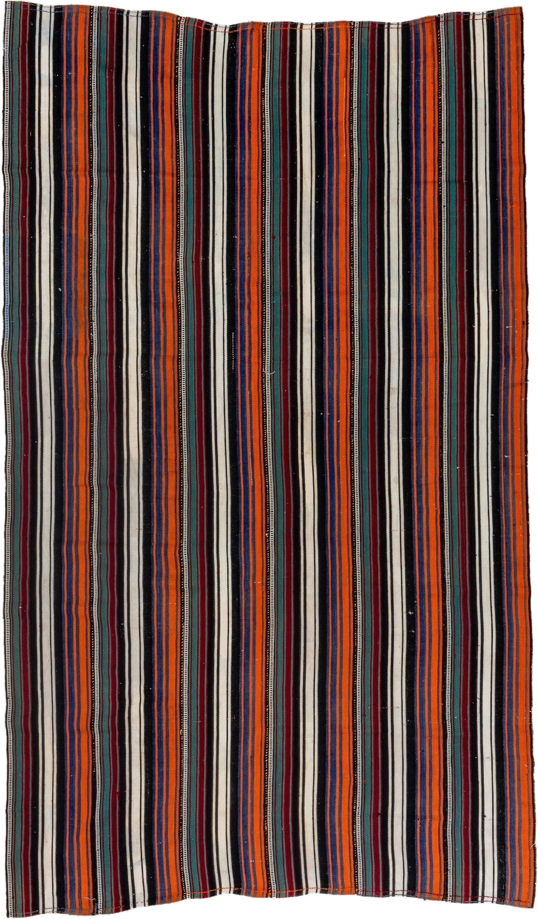 5' x 9' one-of-a-kind handmade vintage Flatweave medium size rug. Color palette: ivory, orange, black, navy, burgundy, teal