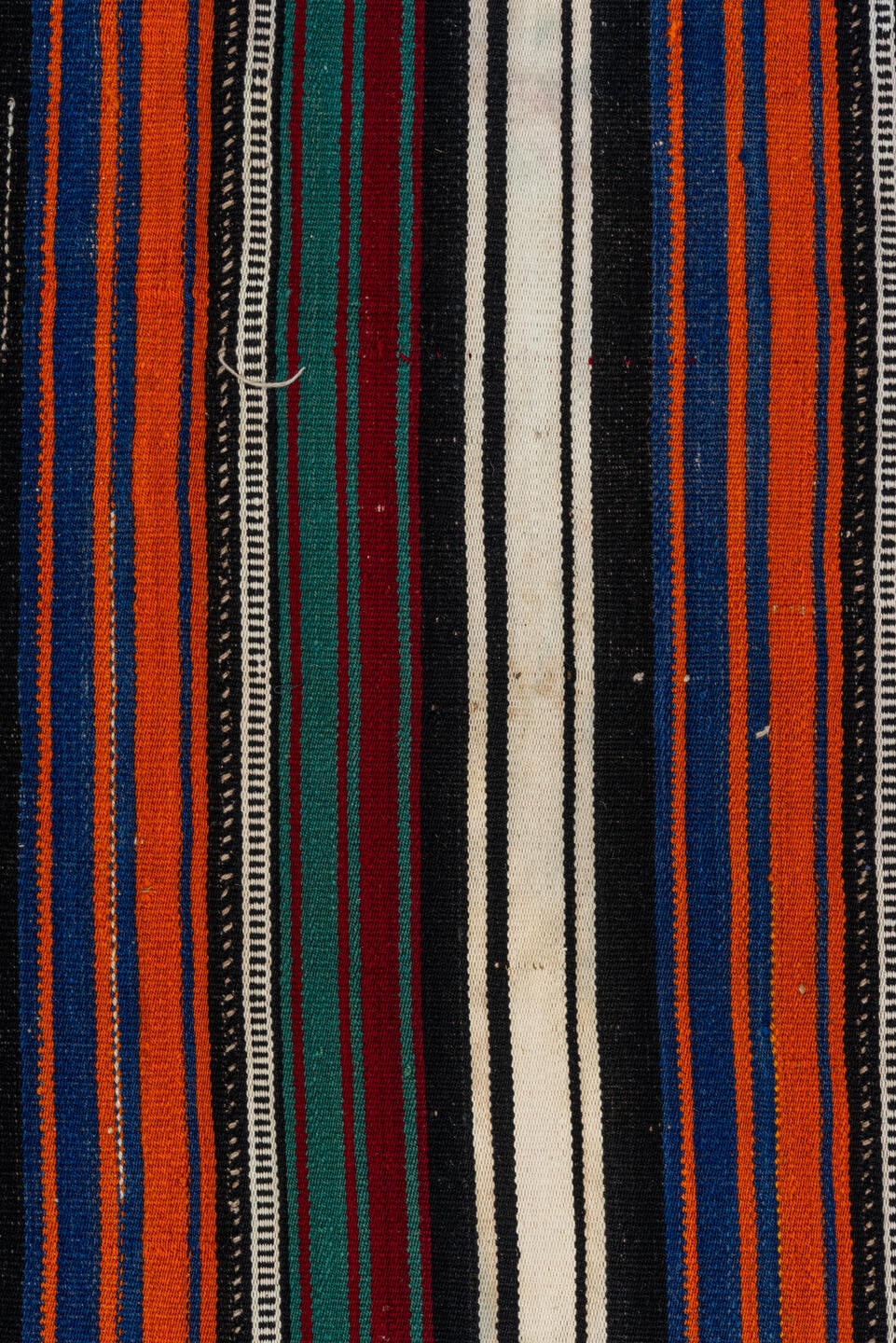 5' x 9' one-of-a-kind handmade vintage Flatweave medium size rug. Color palette: ivory, orange, black, navy, burgundy, teal