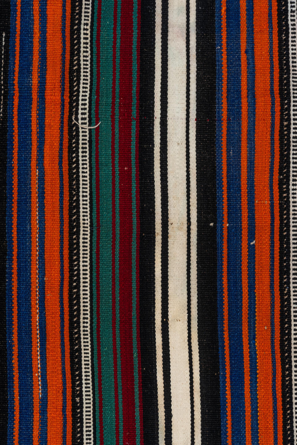 5' x 9' one-of-a-kind handmade vintage Flatweave medium size rug. Color palette: ivory, orange, black, navy, burgundy, teal