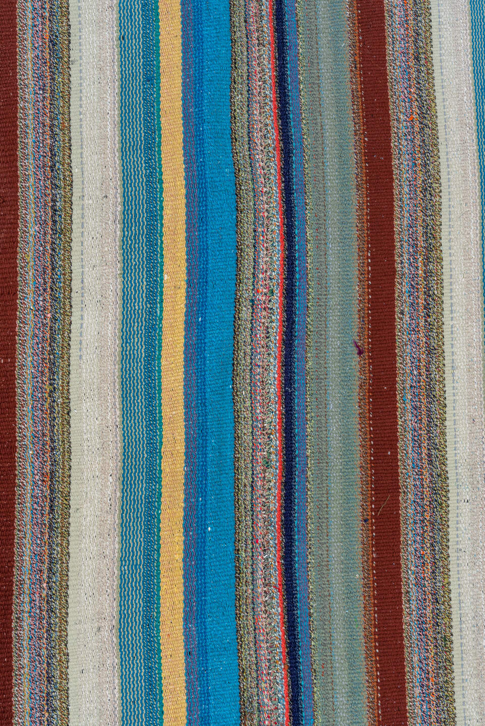 6' x 7' one-of-a-kind handmade vintage Flatweave rug. Color palette: turquoise, ivory, sky blue, rust, gray, navy, teal