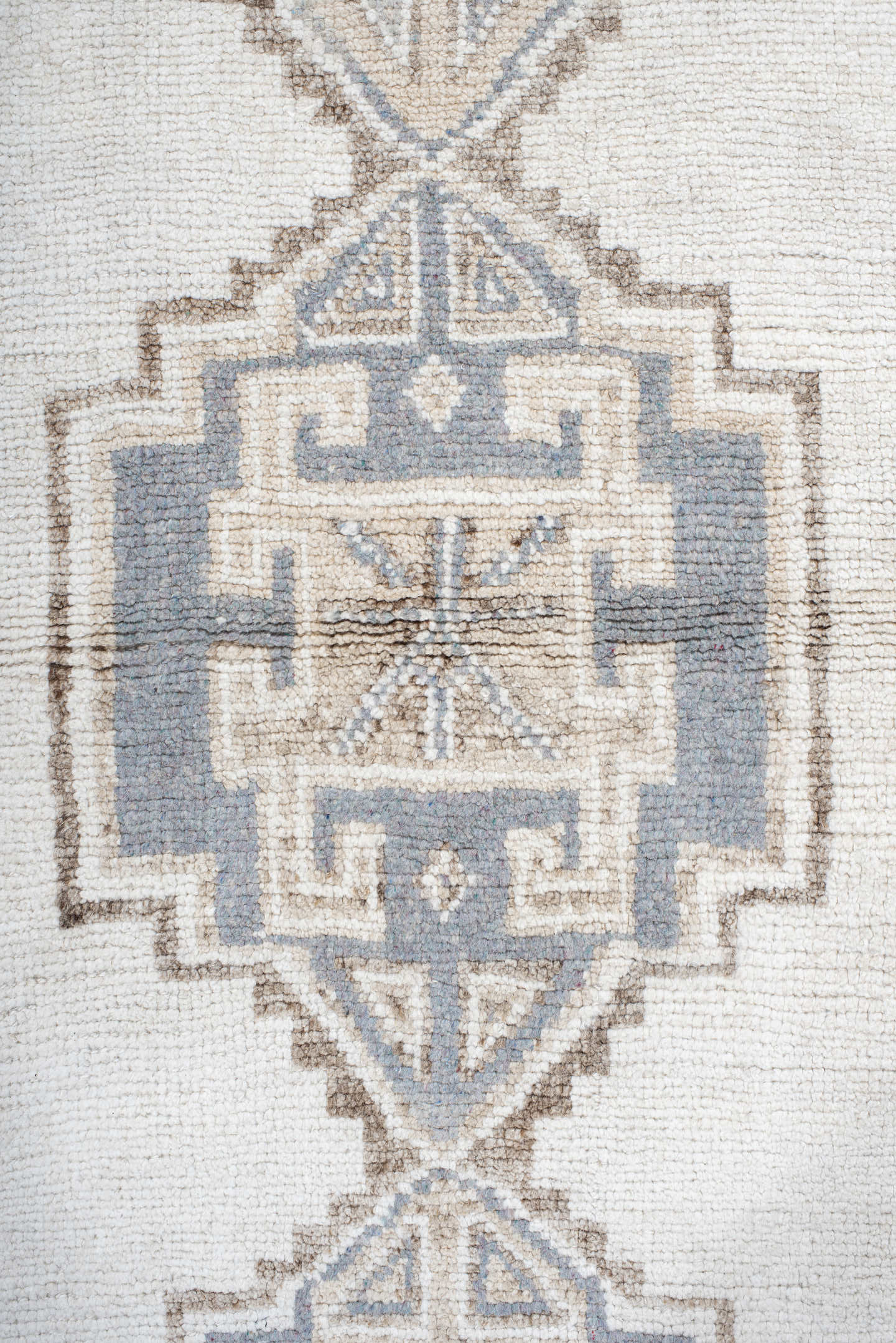 4' x 12' one-of-a-kind handmade vintage Kars runner rug. Color palette: ivory, taupe, brown, gray, beige