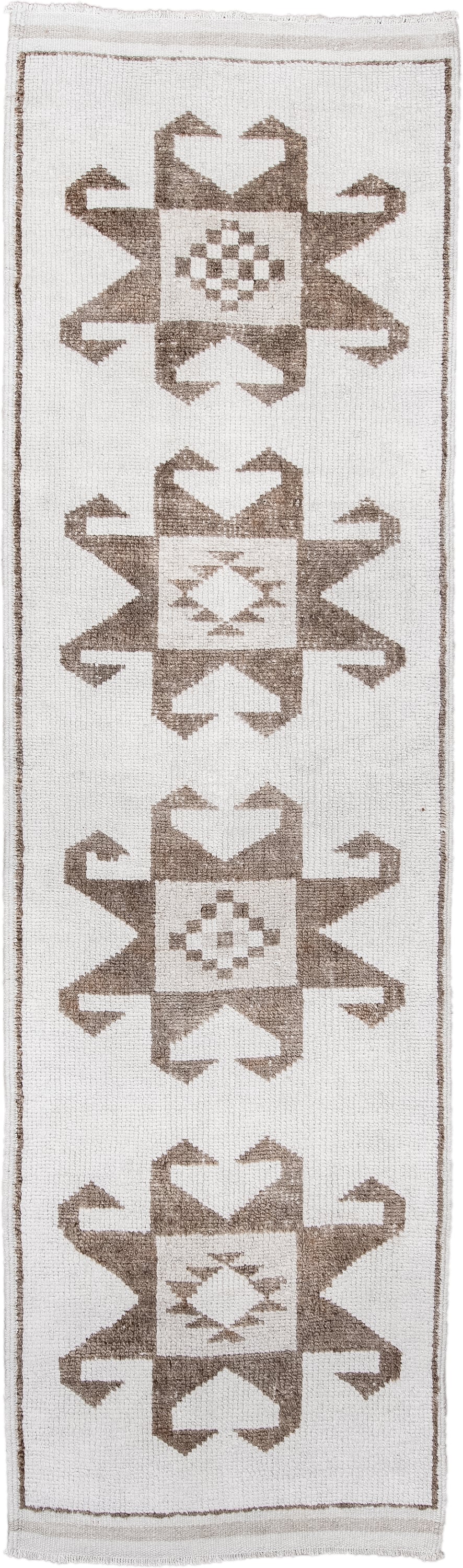 3' x 11' one-of-a-kind handmade vintage Kars runner rug. Color palette: ivory, taupe, beige, gray