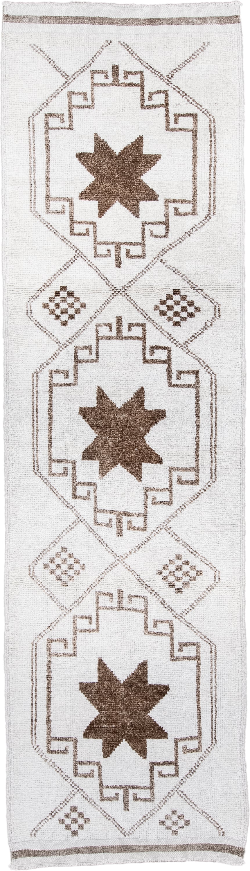 3' x 11' one-of-a-kind handmade vintage Kars runner rug. Color palette: ivory, taupe, brown, beige, gray