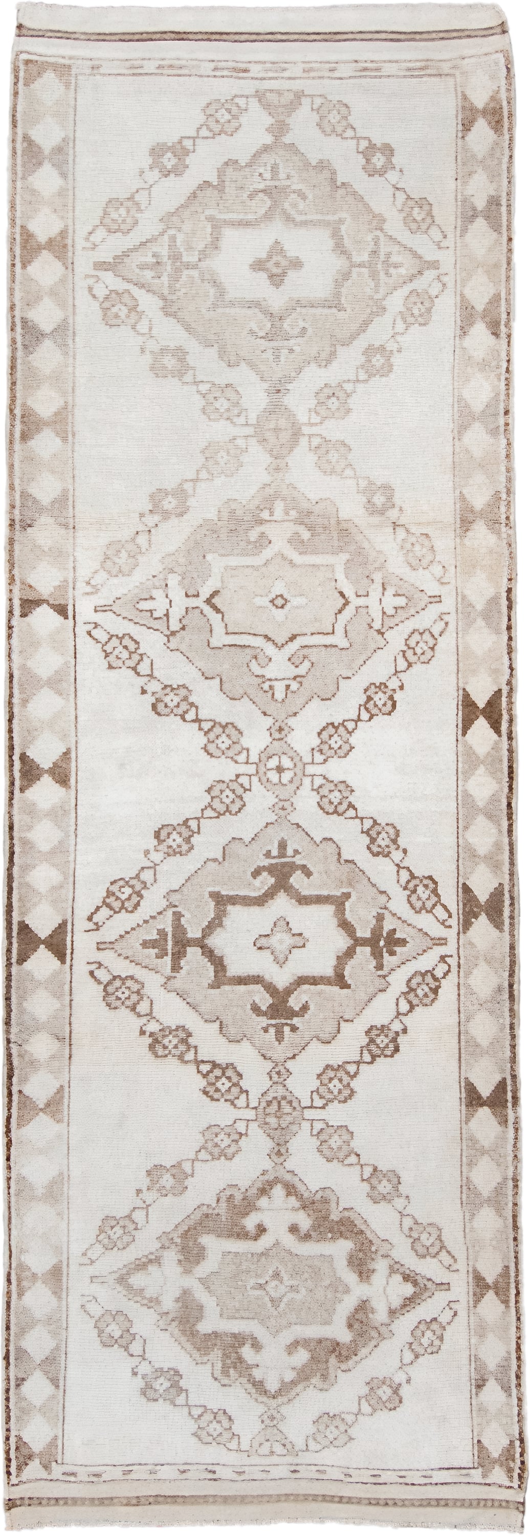 3' x 11' one-of-a-kind handmade vintage Kars runner rug. Color palette: ivory, taupe, camel, beige, brown, gray