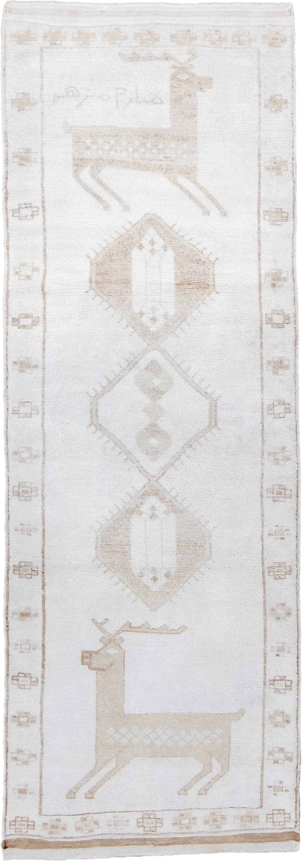 4' x 11' one-of-a-kind handmade vintage Kars runner rug. Color palette: ivory, beige, taupe, camel, gray
