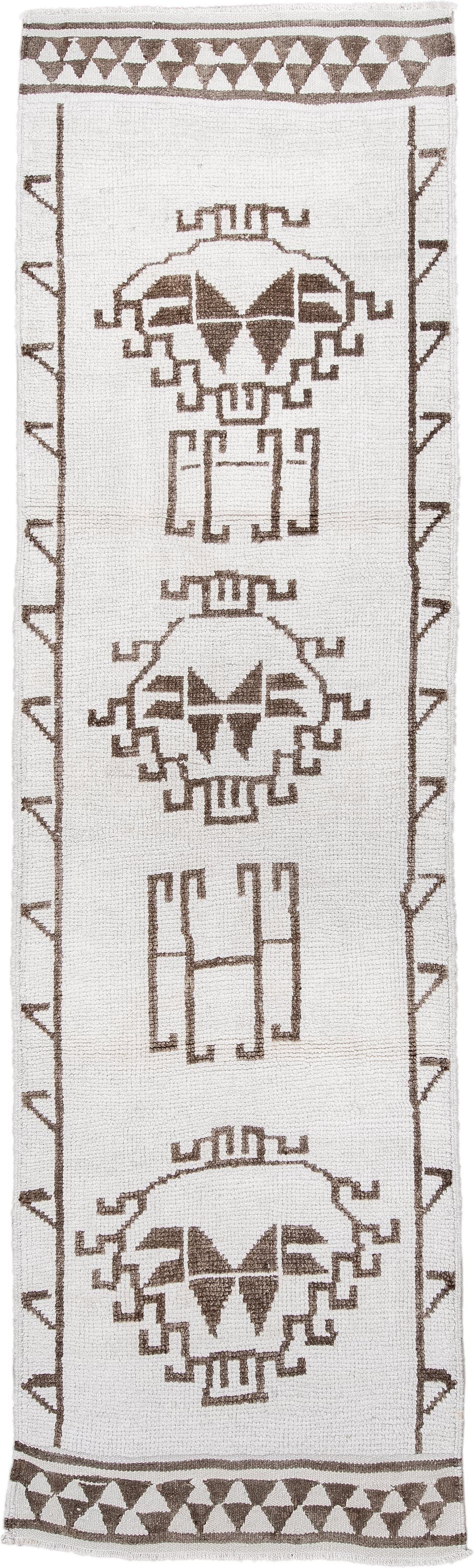 3' x 12' one-of-a-kind handmade vintage Kars runner rug. Color palette: ivory, taupe, brown, beige, gray