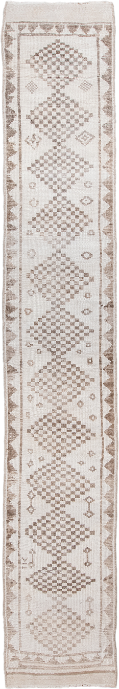 2' x 15' one-of-a-kind handmade vintage Kars runner rug. Color palette: ivory, taupe, beige, sand, gray