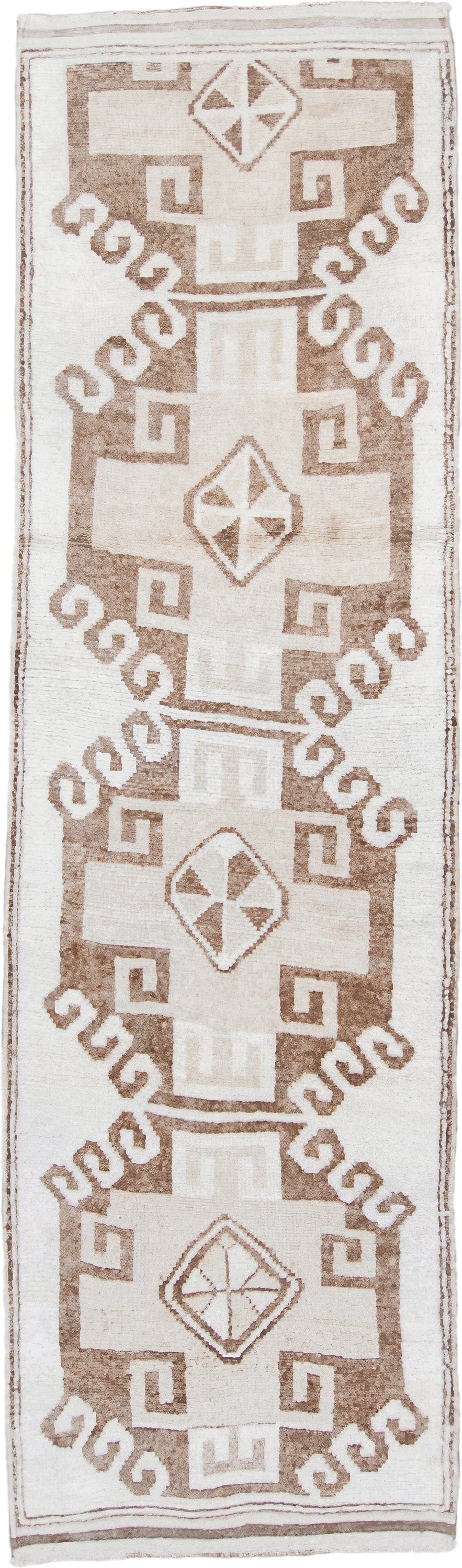 3' x 11' one-of-a-kind handmade vintage Kars runner rug. Color palette: ivory, taupe, beige, camel, gray