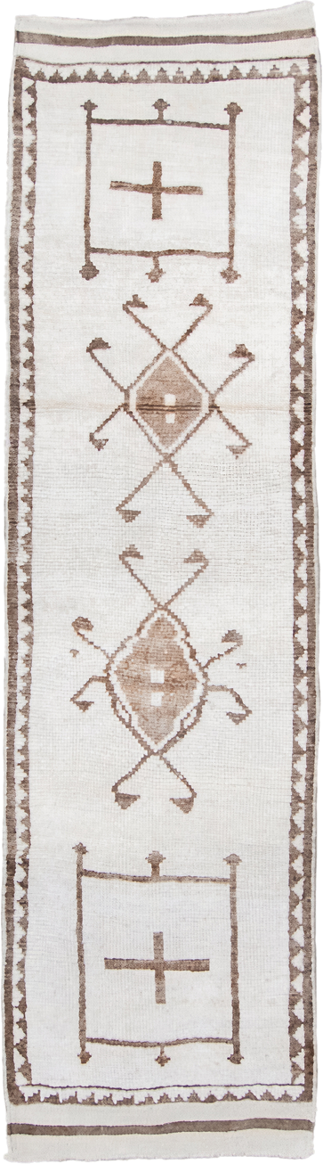 3' x 11' one-of-a-kind handmade vintage Kars runner rug. Color palette: ivory, taupe, camel, beige, gray