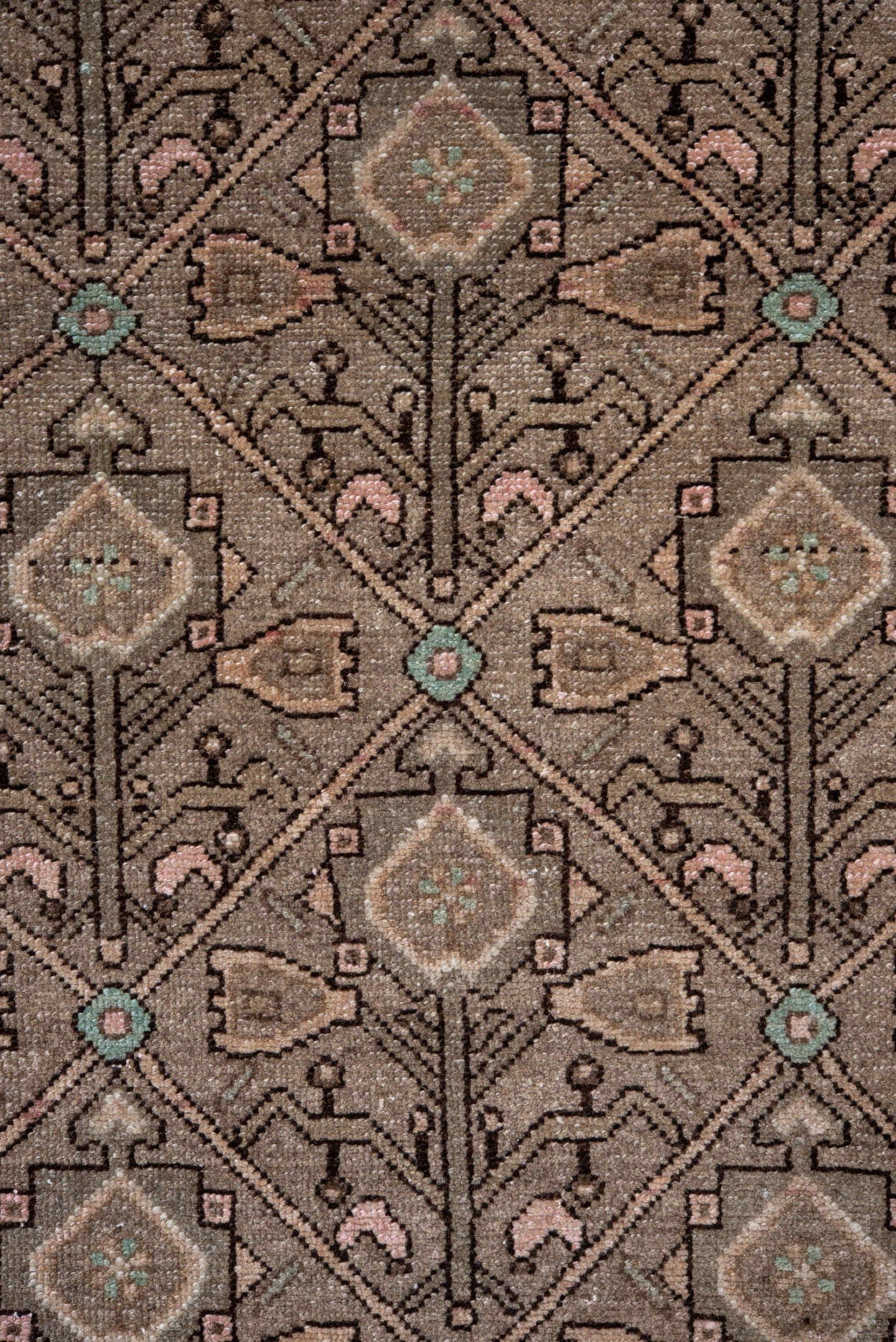 3' x 15' one-of-a-kind handmade antique Malayer runner rug. Color palette: taupe, rose, camel, brown, ivory, turquoise