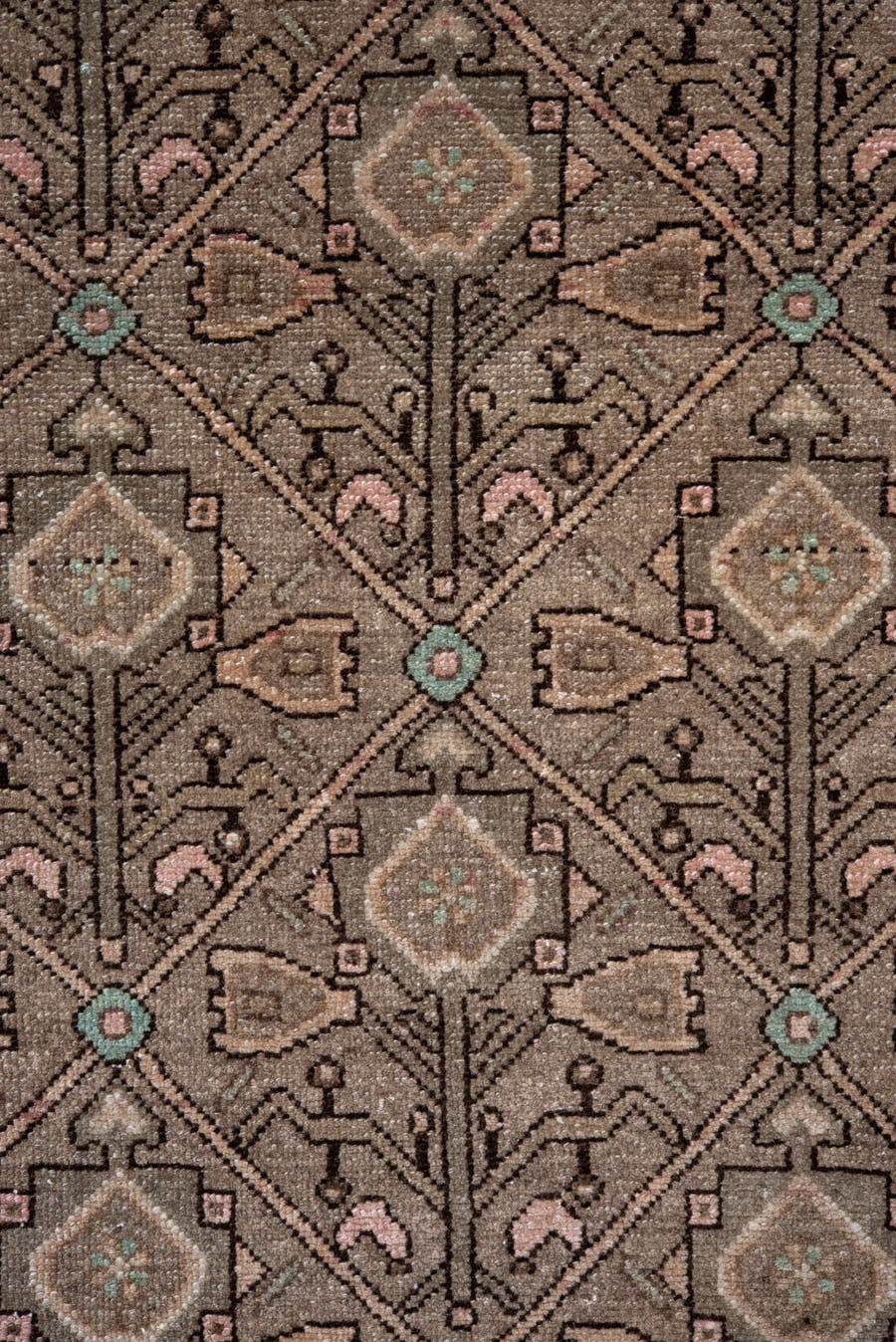3' x 15' one-of-a-kind handmade antique Malayer runner rug. Color palette: taupe, rose, camel, brown, ivory, turquoise