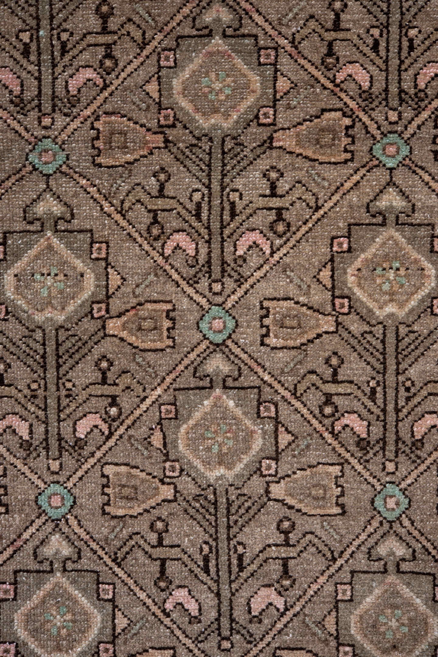 3' x 15' one-of-a-kind handmade antique Malayer runner rug. Color palette: taupe, rose, camel, brown, ivory, turquoise