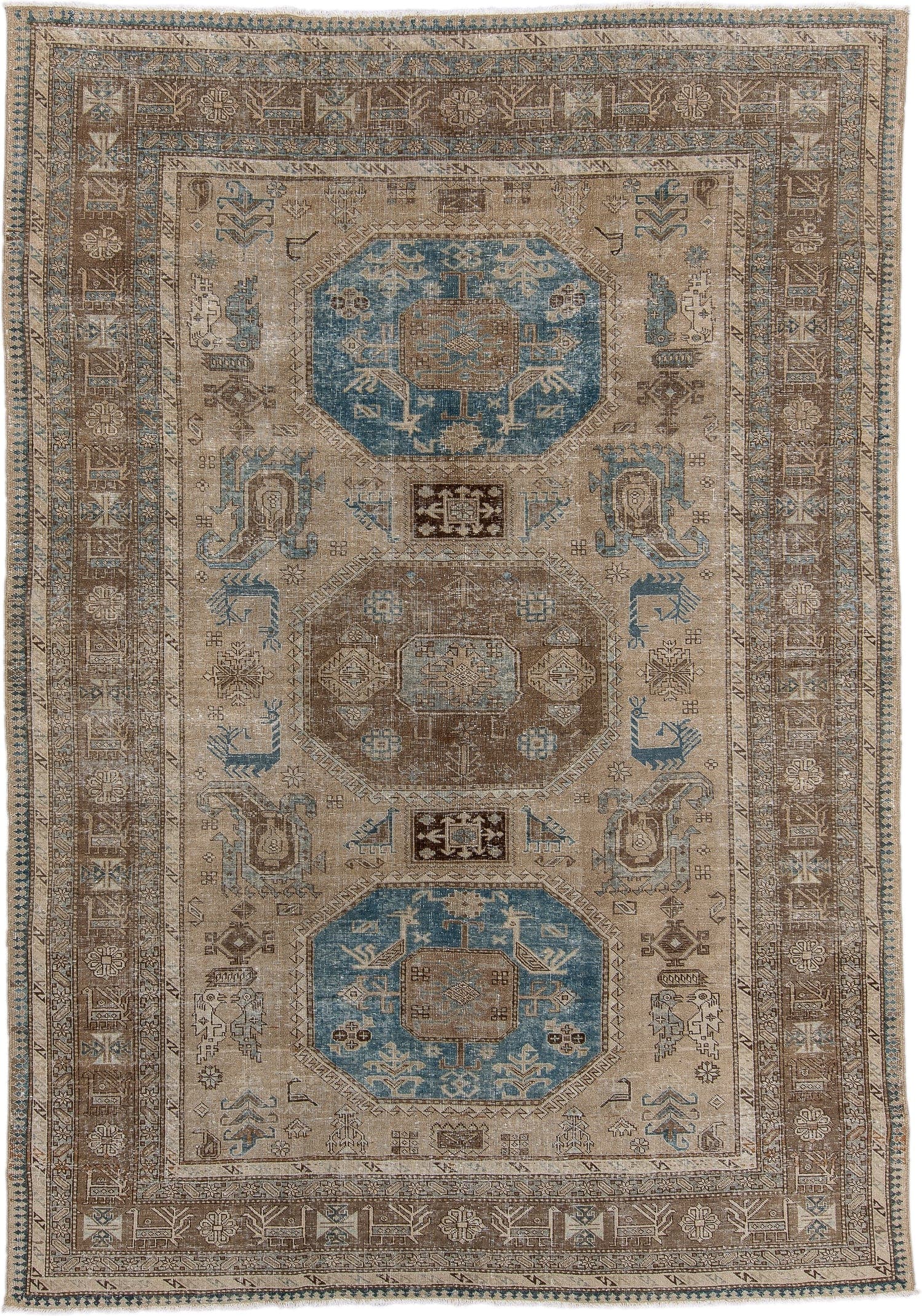7' x 10' one-of-a-kind handmade vintage Ardebil large size rug. Color palette: ivory, taupe, brown, sky_blue, camel, slate