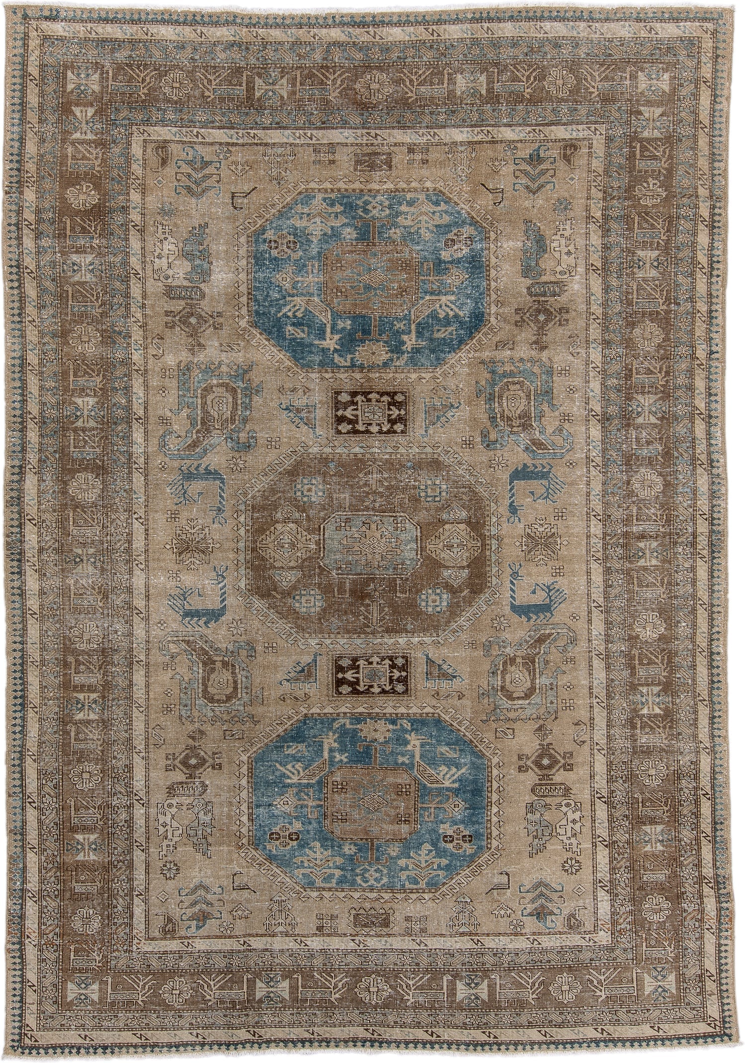7' x 10' one-of-a-kind handmade vintage Ardebil large size rug. Color palette: ivory, taupe, brown, sky_blue, camel, slate