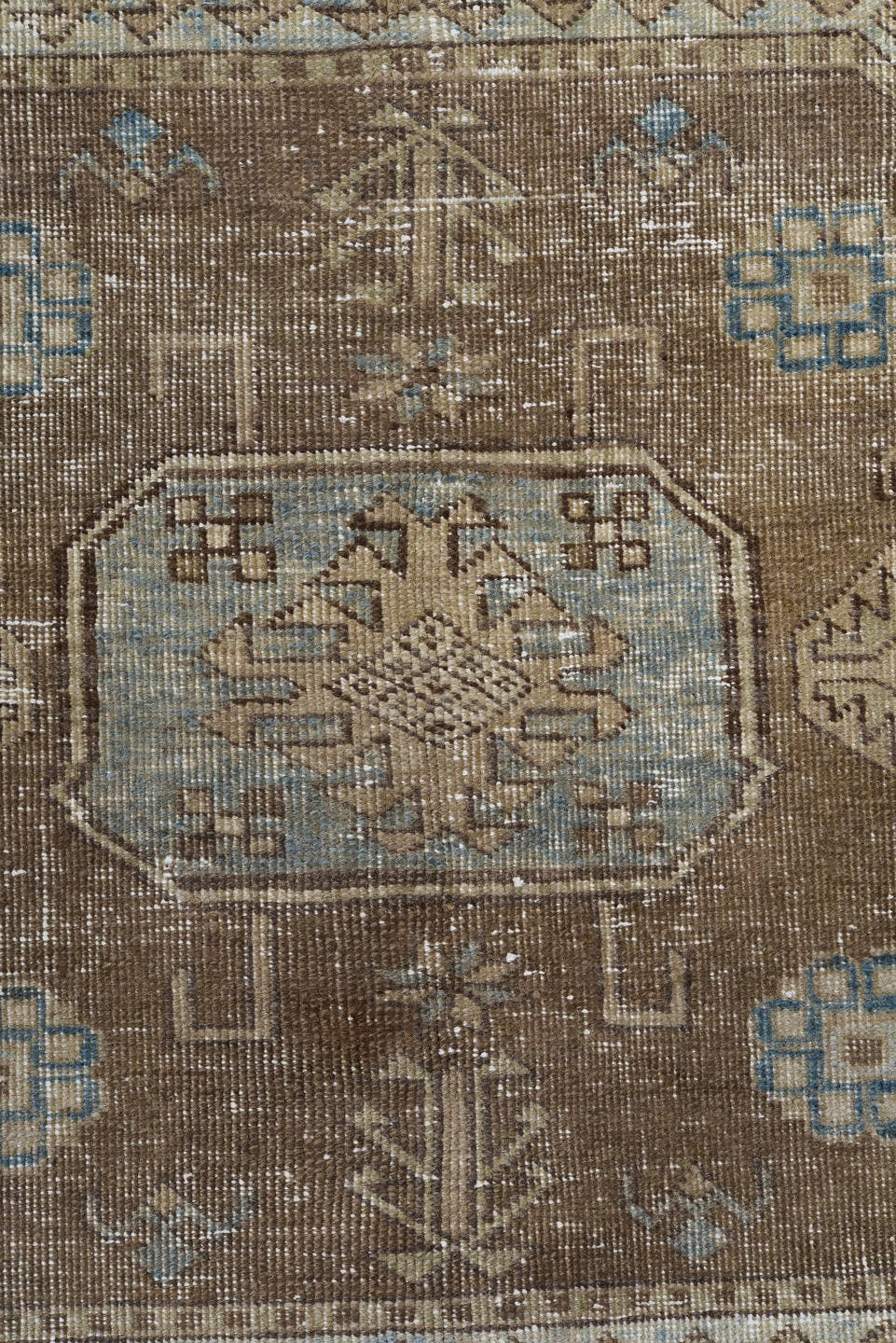 7' x 10' one-of-a-kind handmade vintage Ardebil large size rug. Color palette: ivory, taupe, brown, sky_blue, camel, slate