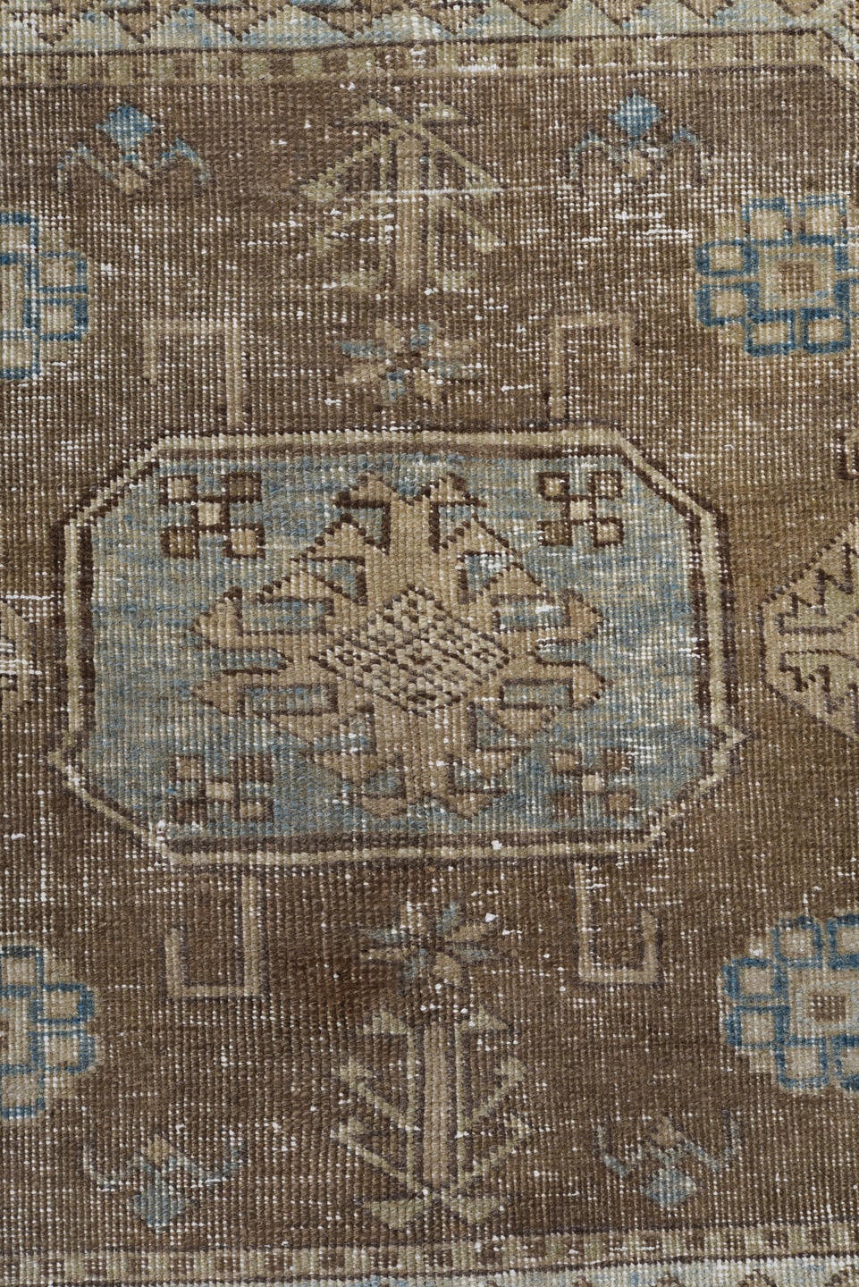 7' x 10' one-of-a-kind handmade vintage Ardebil large size rug. Color palette: ivory, taupe, brown, sky_blue, camel, slate