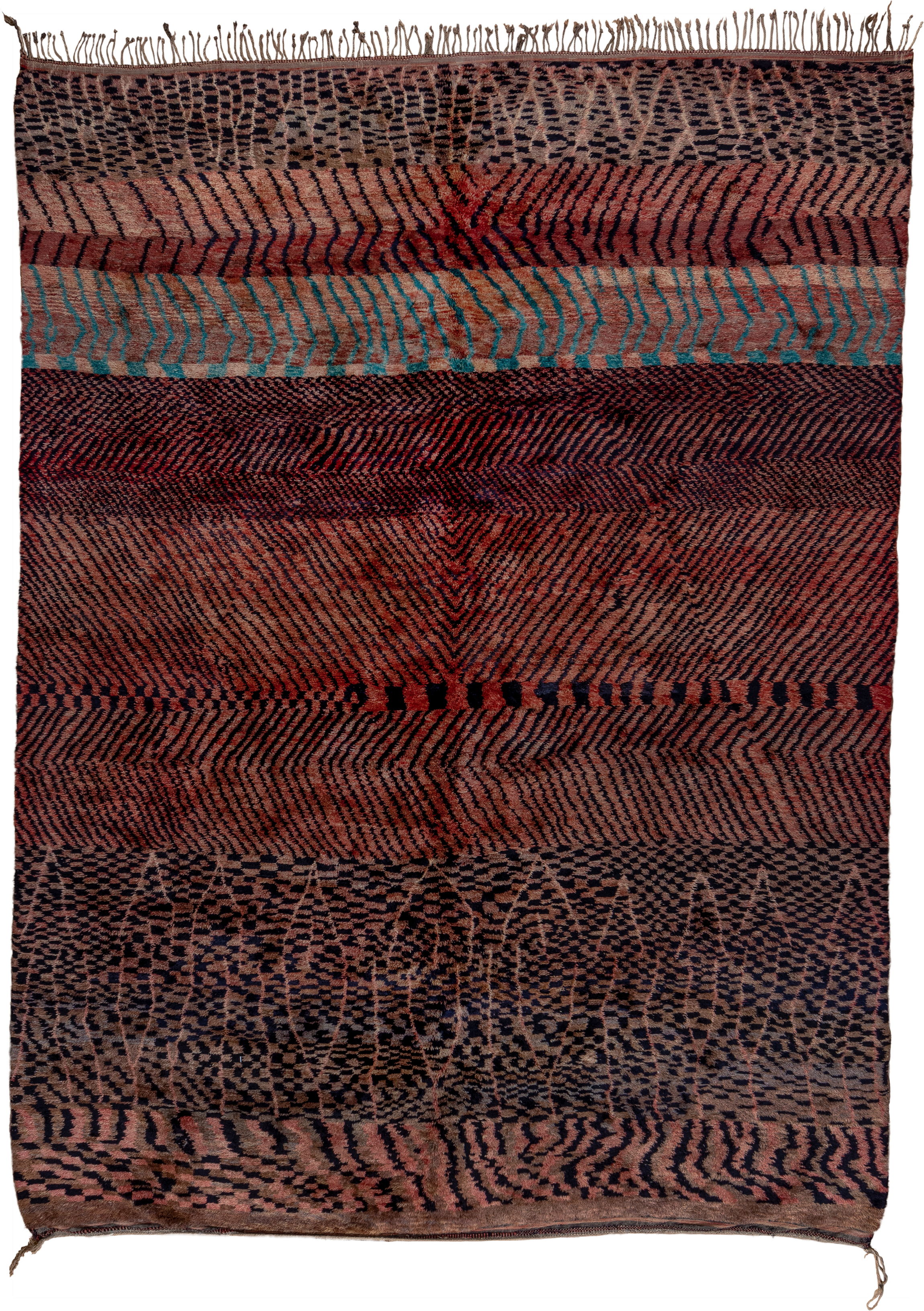 10' x 14' one-of-a-kind handmade vintage Moroccan large size rug. Color palette: rose, rust, brown, charcoal, turquoise