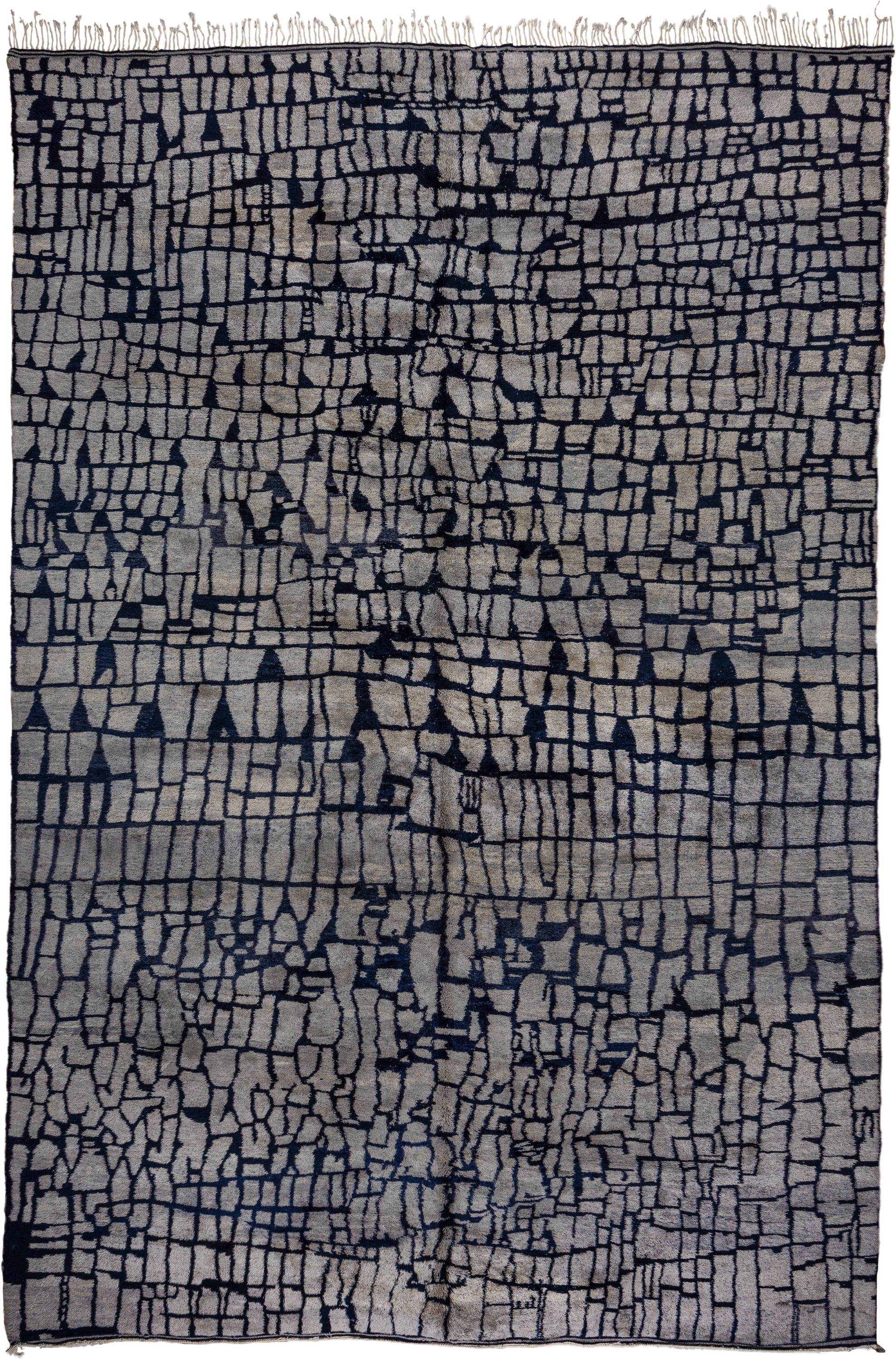 13' x 20' one-of-a-kind handmade vintage Moroccan oversize rug. Color palette: ivory, charcoal, slate, taupe, gray, black