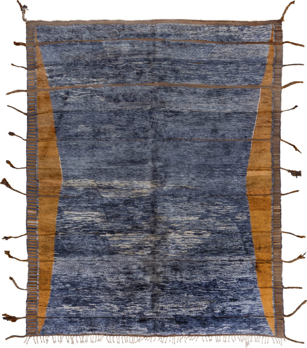 10' x 12' one-of-a-kind handmade vintage Moroccan large size rug. Color palette: black, blue, brown, gray, light blue