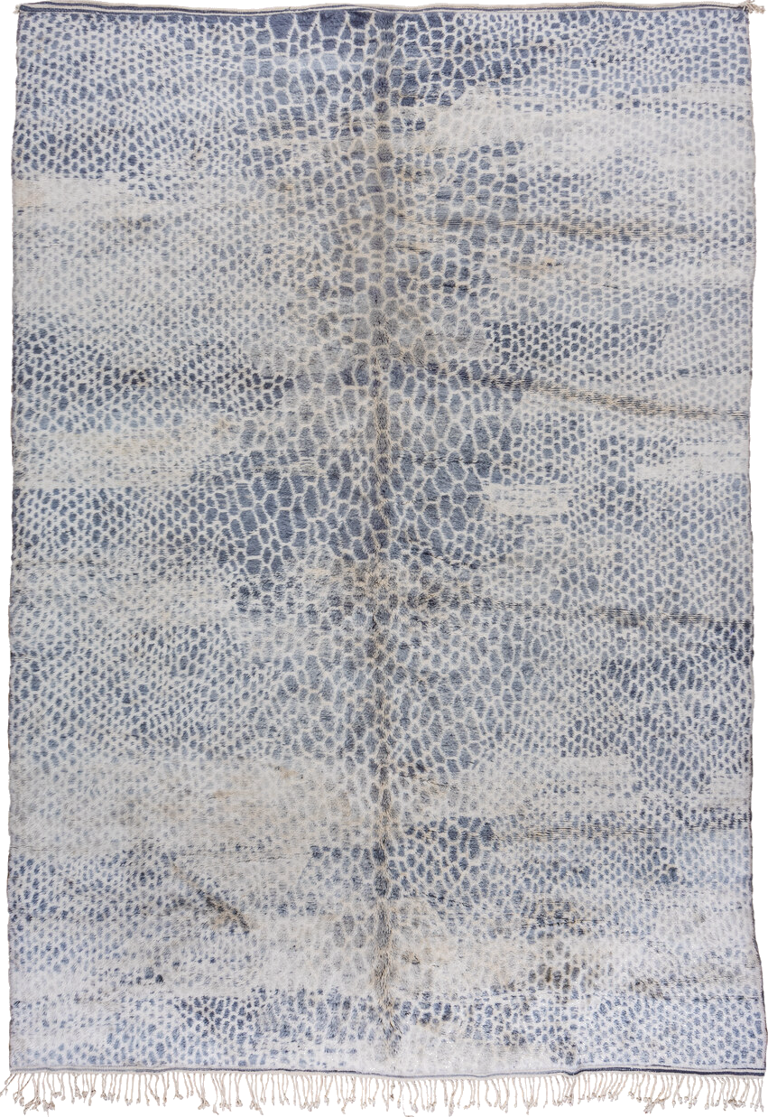 10' x 15' one-of-a-kind handmade vintage Moroccan rug. Color palette: black, blue, dark gray, dim gray, gainsboro, gray