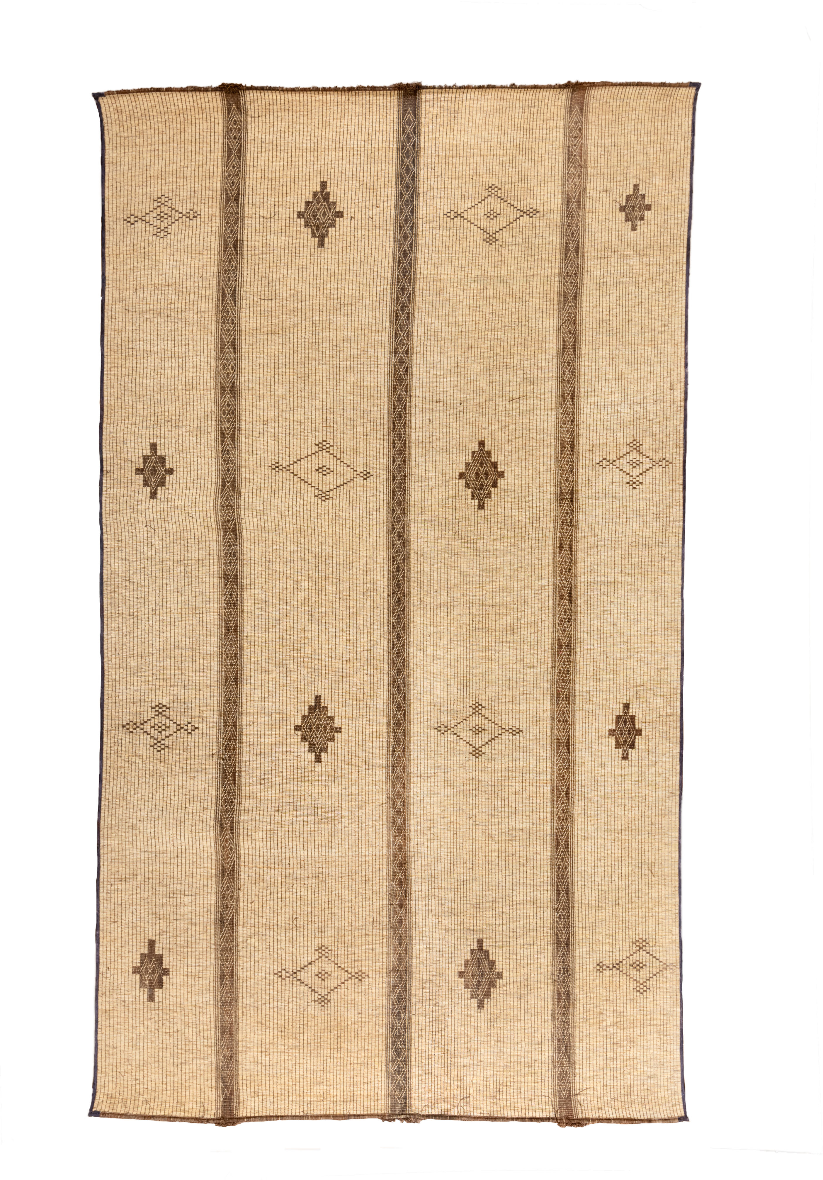 8' x 16' one-of-a-kind handmade vintage Tuareg rug. Color palette: camel, brown, tan, taupe, ivory, beige, gray