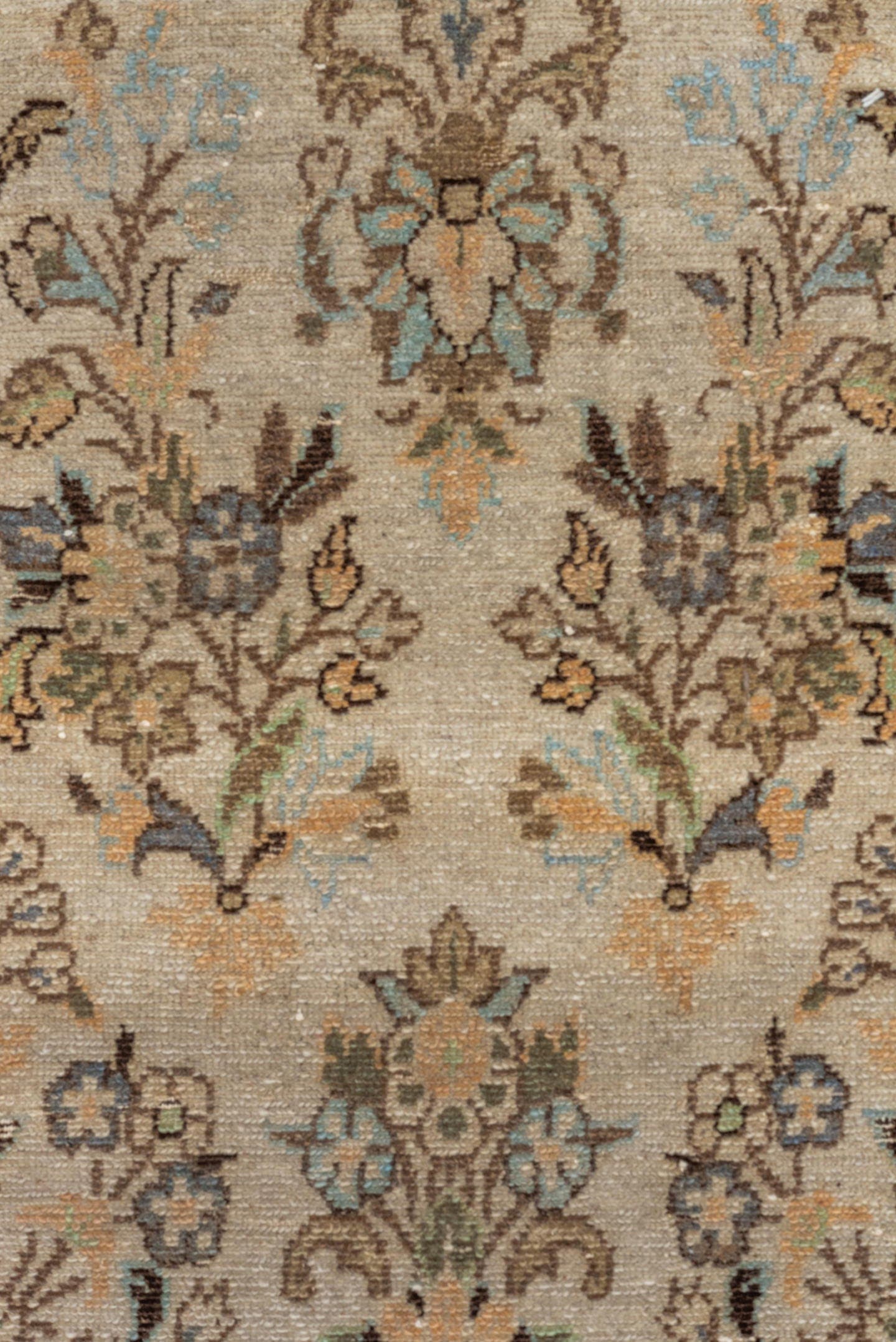 2' x 25' one-of-a-kind handmade vintage Lilian runner rug. Color palette: ivory, brown, taupe, sky blue, camel, charcoal