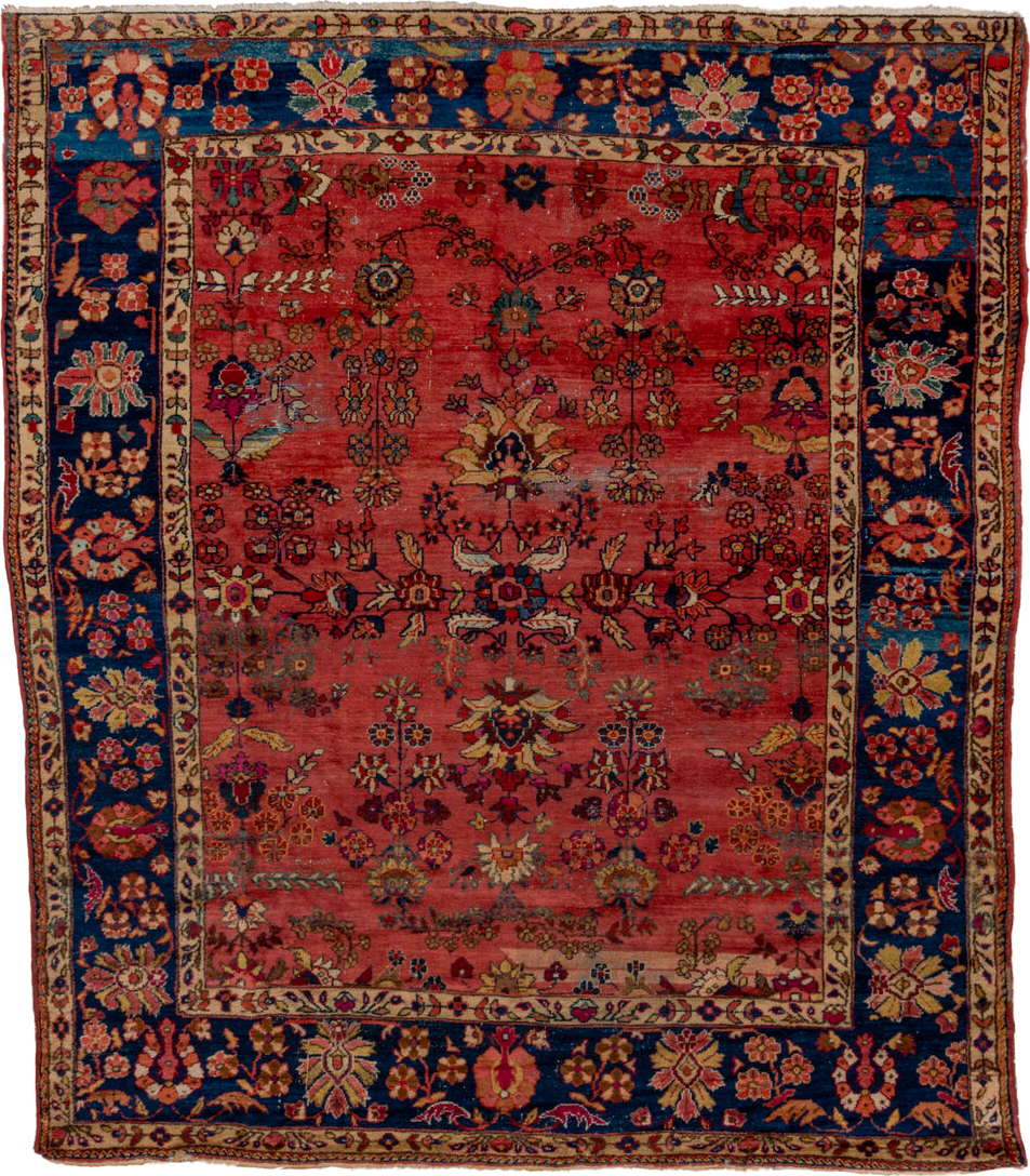 8' x 9' one-of-a-kind handmade vintage Mahal rug. Color palette: rose, navy, ivory, rust, gold, coral, saffron, burgundy
