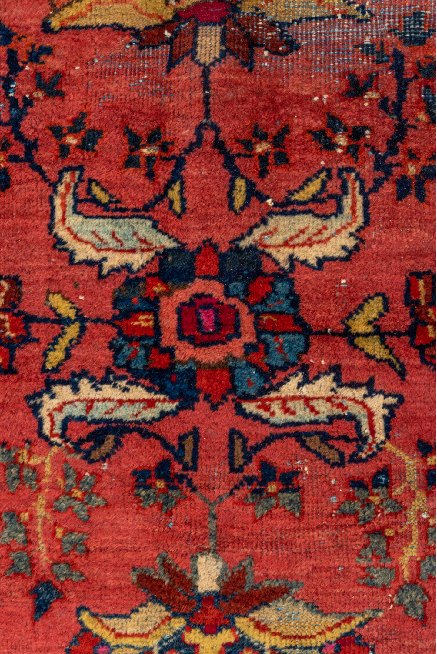 8' x 9' one-of-a-kind handmade vintage Mahal rug. Color palette: rose, navy, ivory, rust, gold, coral, saffron, burgundy