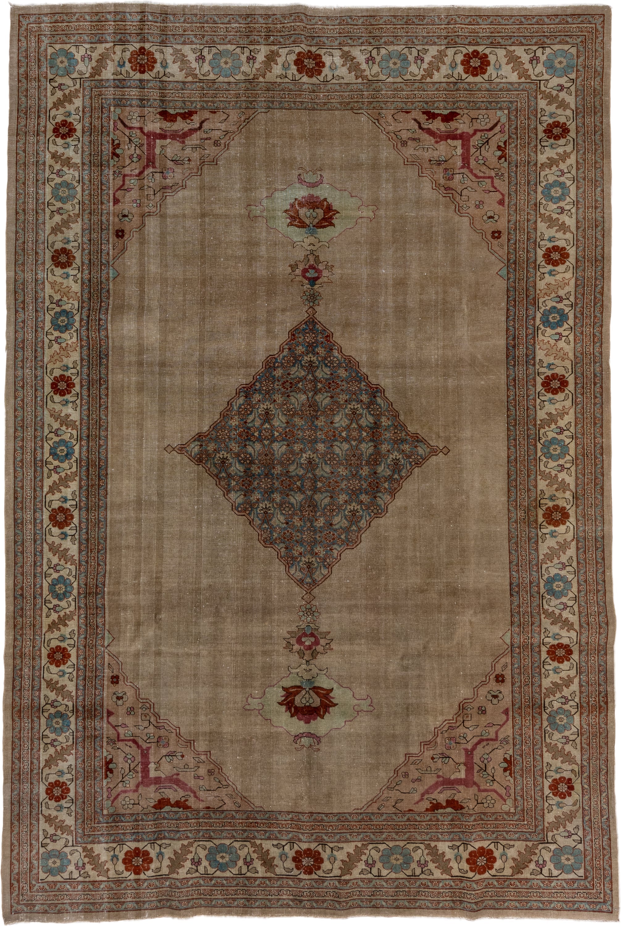 8' x 12' one-of-a-kind handmade antique Tabriz large size rug. Color palette: taupe, ivory, soft blue, rust, rose, brown