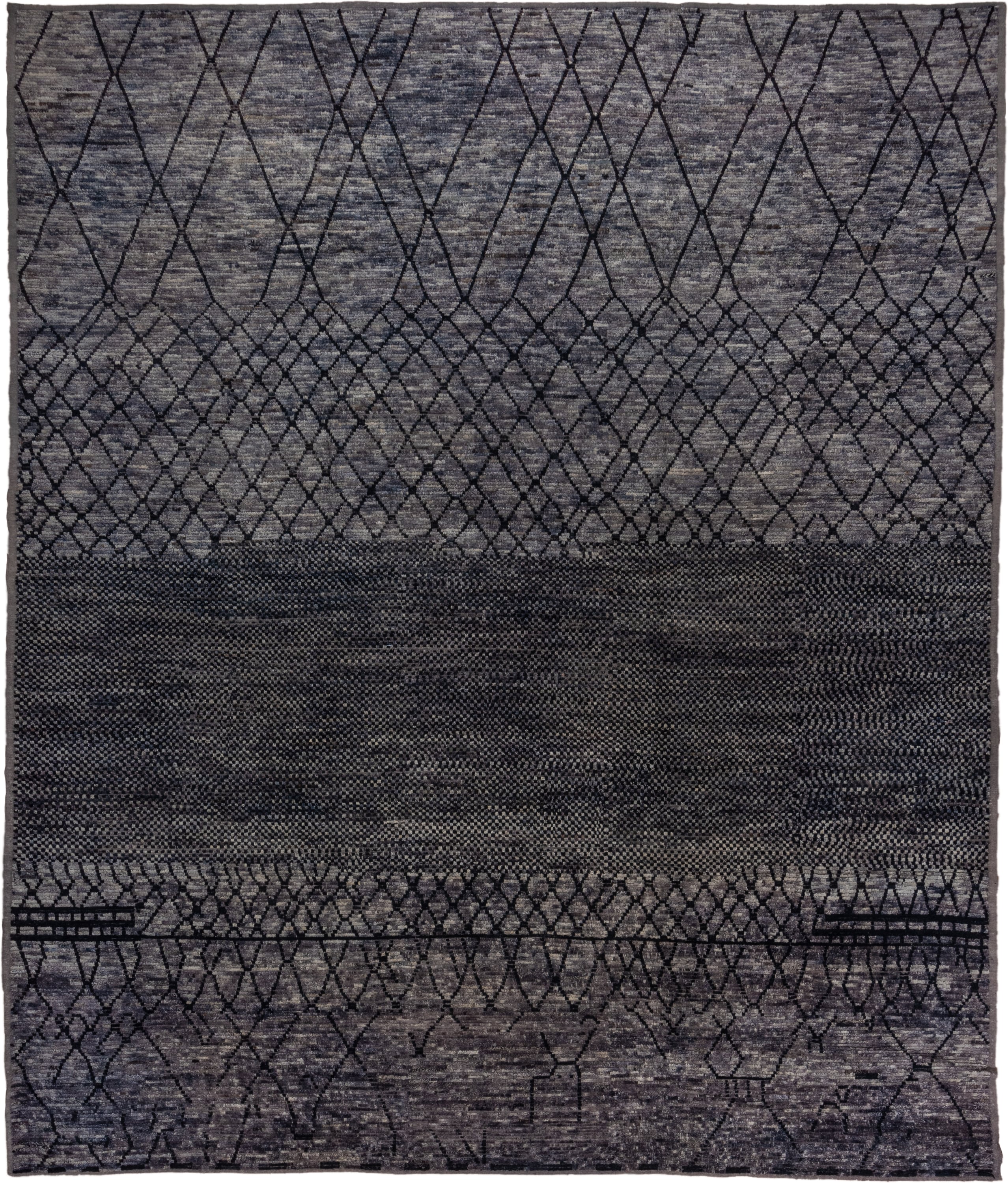 12' x 15' one-of-a-kind handmade vintage Tulu oversize rug. Color palette: charcoal, slate, gray, taupe, ebony, black, beige