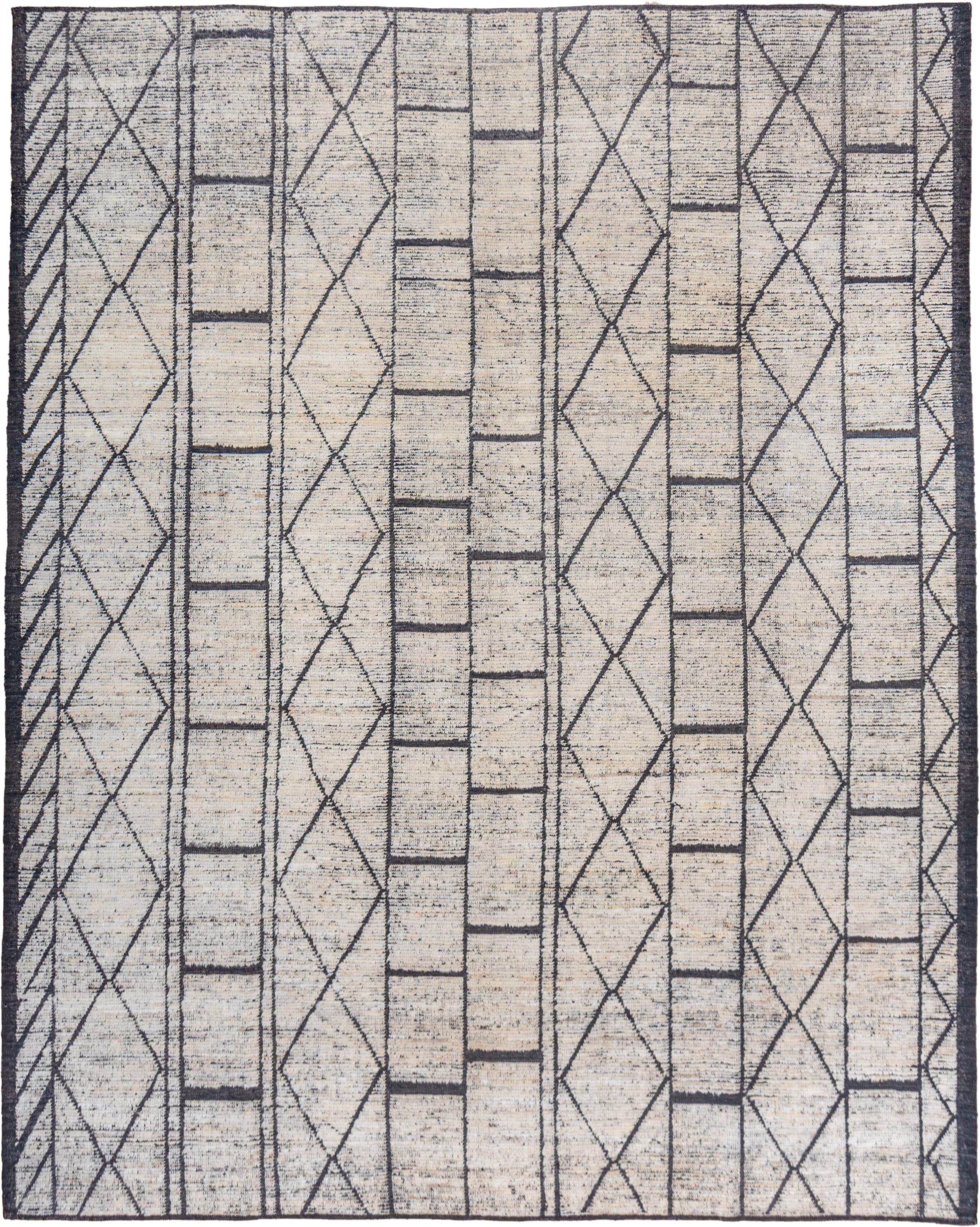 9' x 12' one-of-a-kind handmade vintage Tulu large size rug. Color palette: ivory, charcoal, slate, cream, gray, black