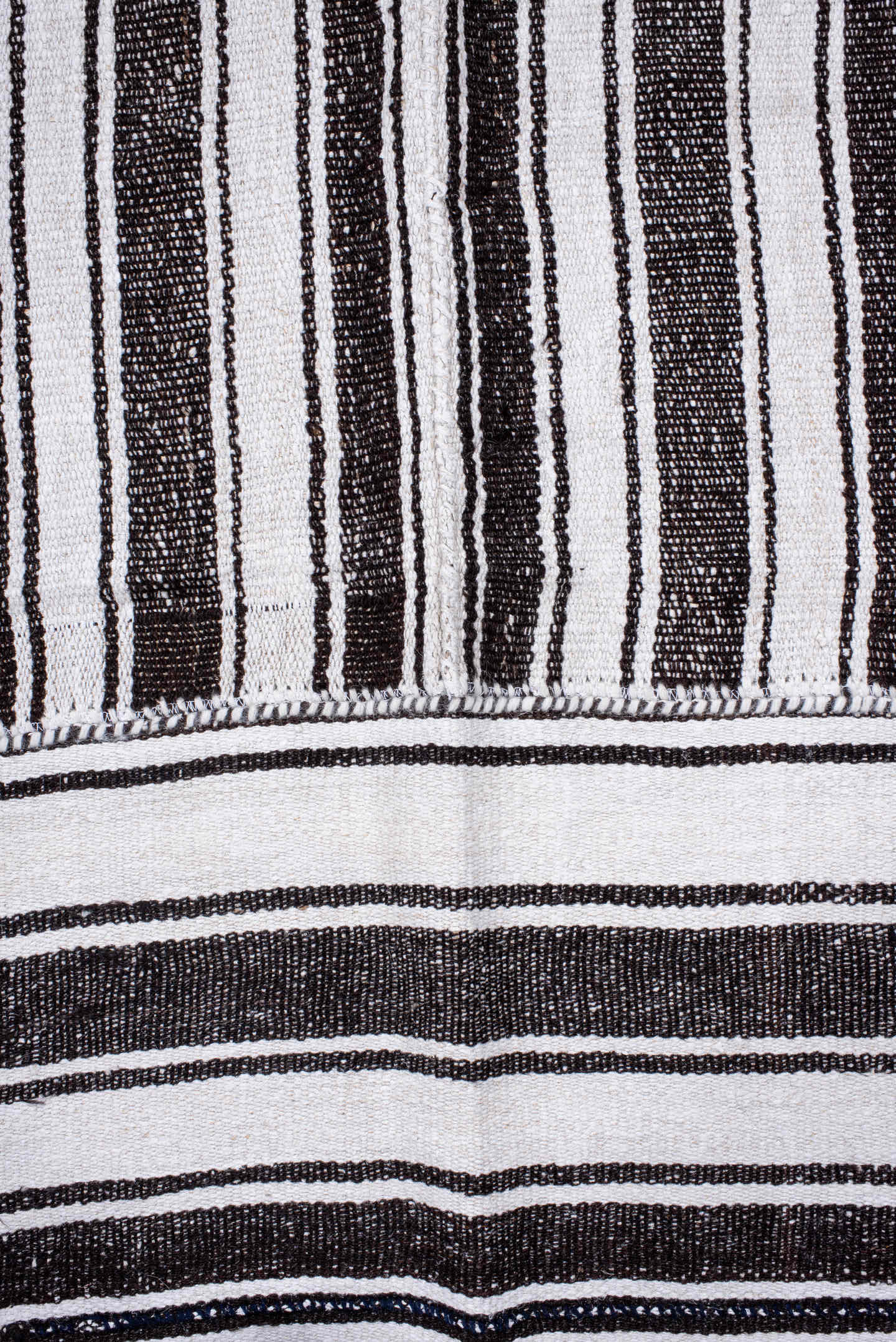 15' x 21' one-of-a-kind handmade antique Flatweave oversize rug. Color palette: ivory, charcoal, black, gray