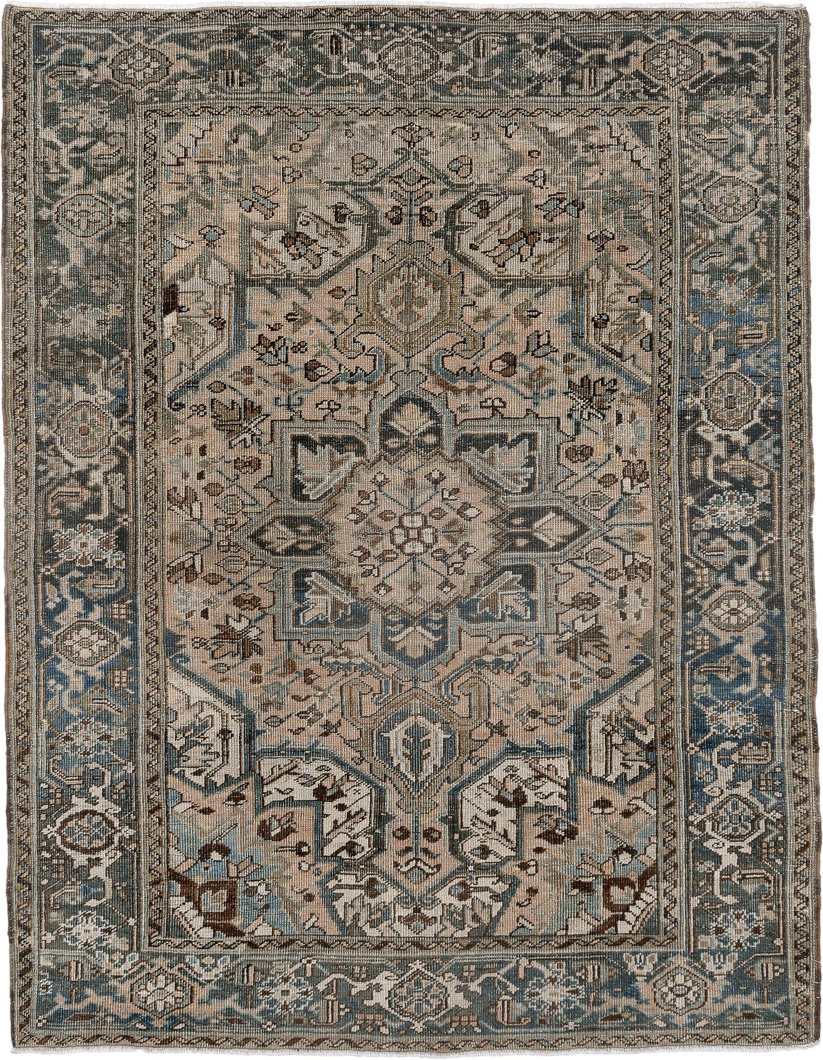 4' x 6' one-of-a-kind handmade vintage Heriz rug. Color palette: ivory, slate, taupe, sky blue, charcoal, brown, gray, beige