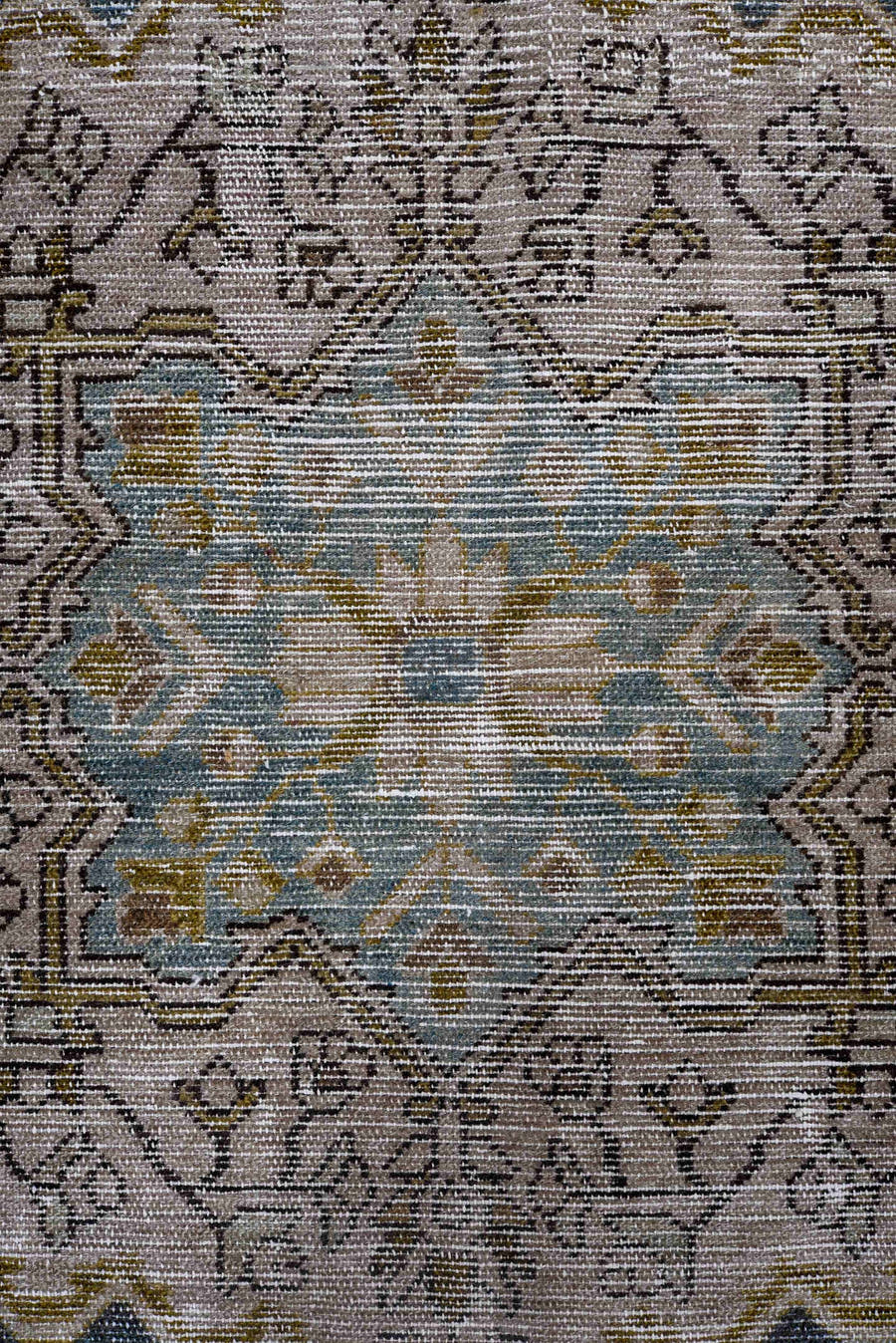 4' x 7' one-of-a-kind handmade antique Malayer rug. Color palette: ivory, indigo, brown, sky blue, taupe, olive, purple
