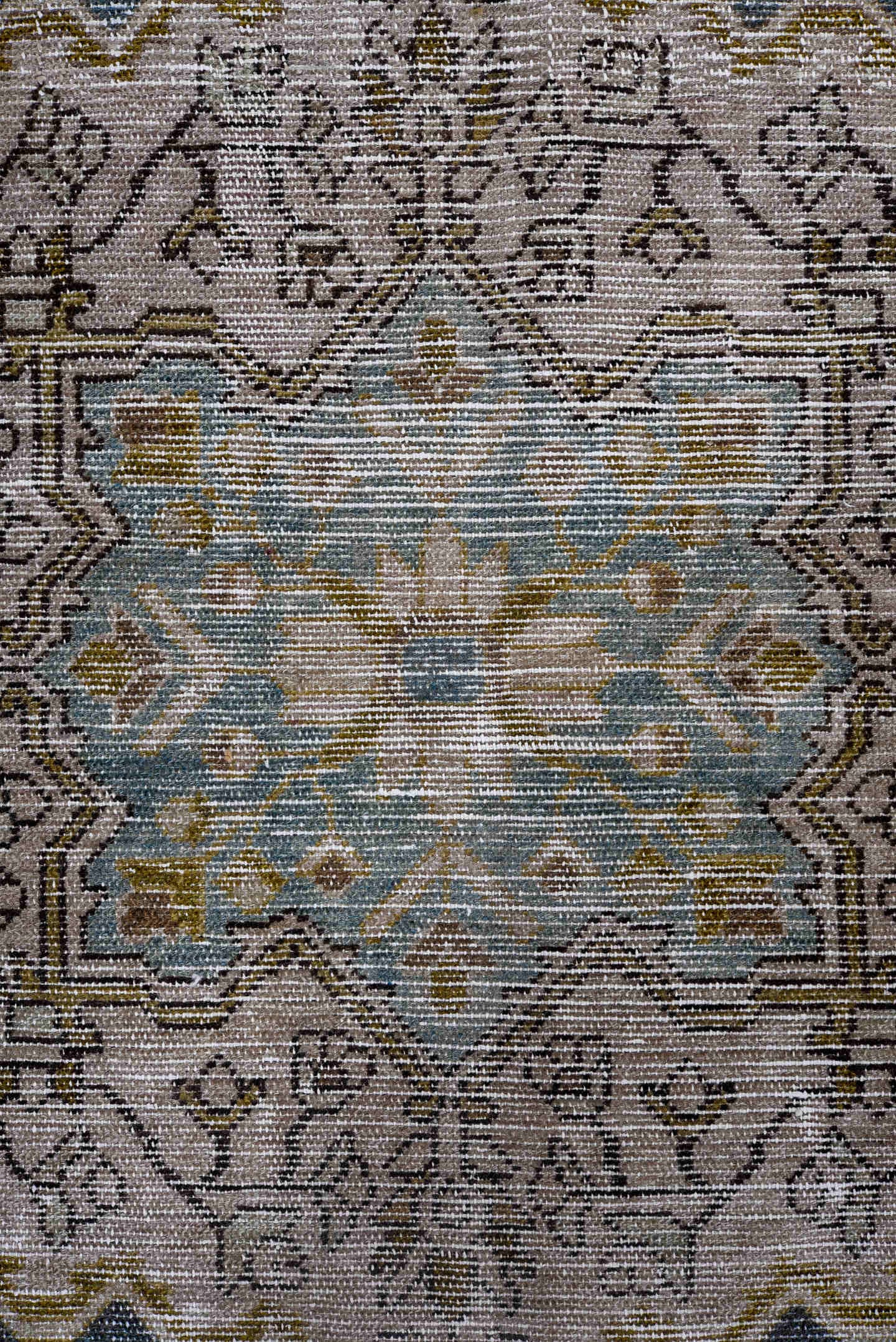 4' x 7' one-of-a-kind handmade antique Malayer rug. Color palette: ivory, indigo, brown, sky blue, taupe, olive, purple