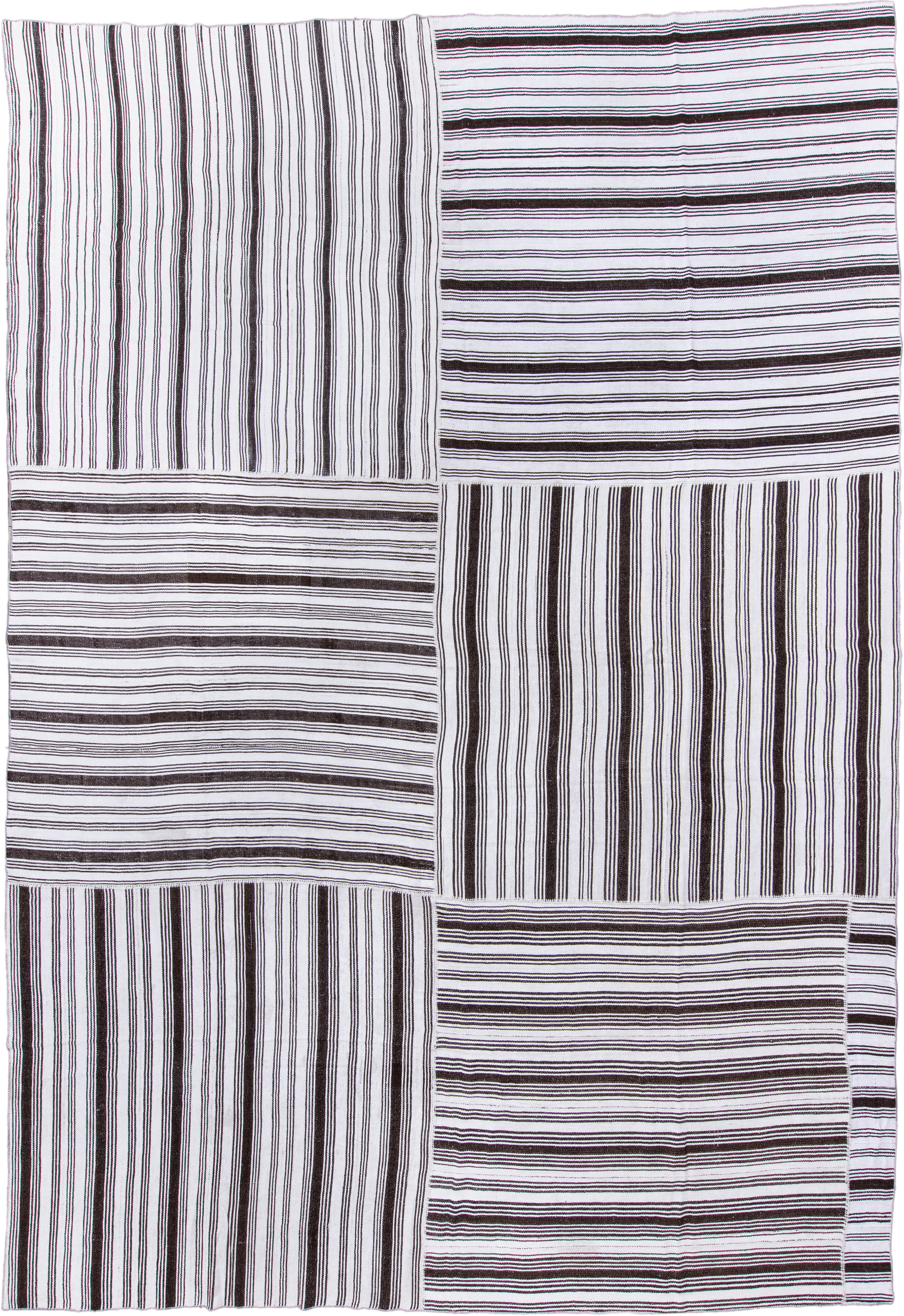 12' x 18' one-of-a-kind handmade antique Flatweave oversize rug. Color palette: ivory, dark brown, brown