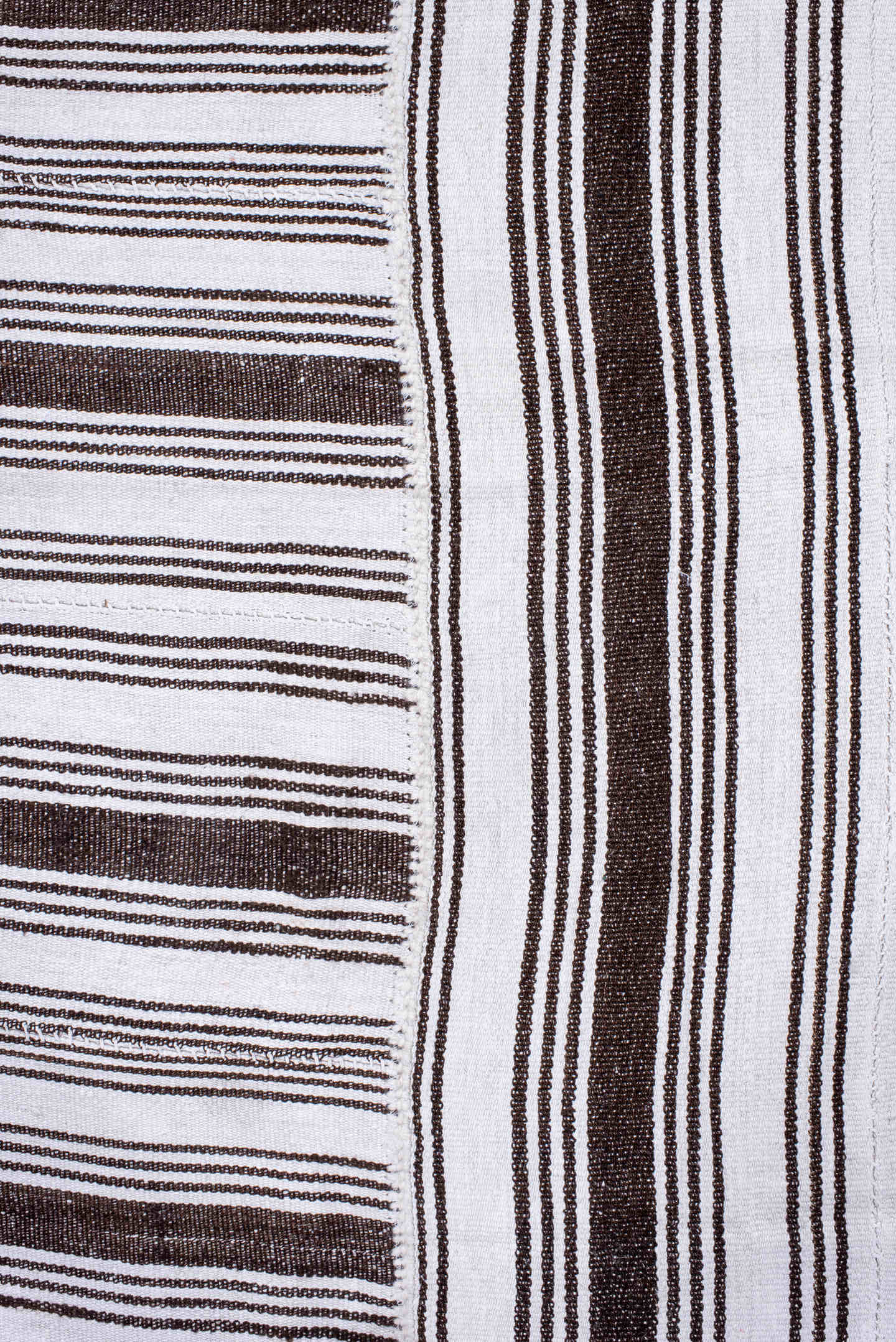 12' x 18' one-of-a-kind handmade antique Flatweave oversize rug. Color palette: ivory, dark brown, brown