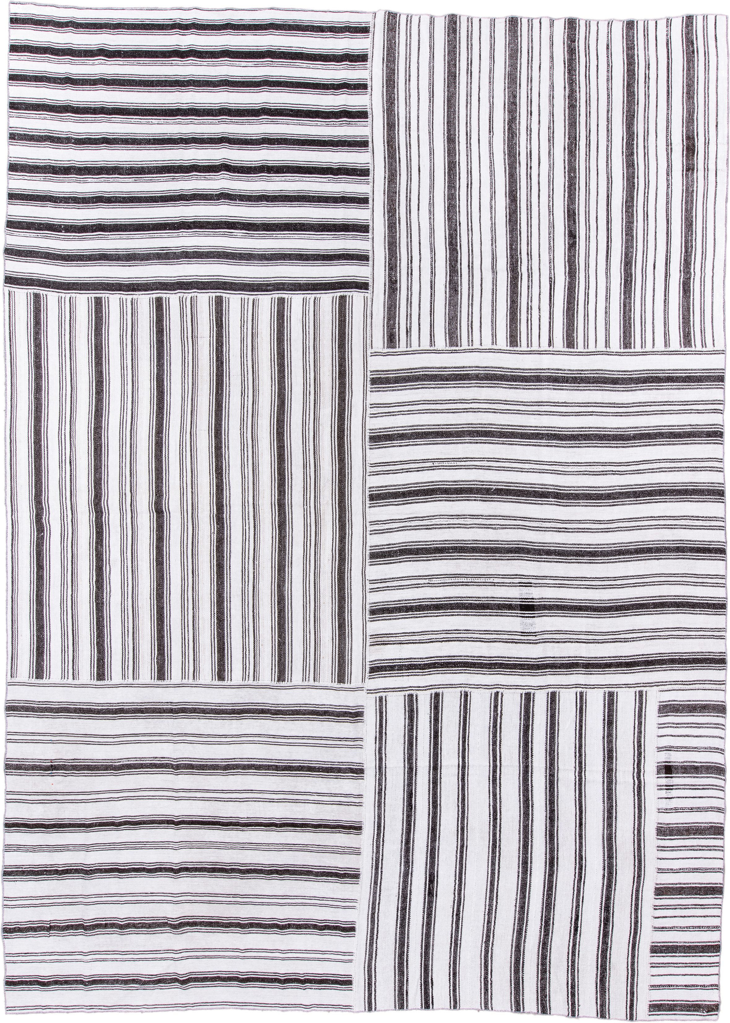 12' x 16' one-of-a-kind handmade antique Flatweave oversize rug. Color palette: ivory, charcoal, gray, black