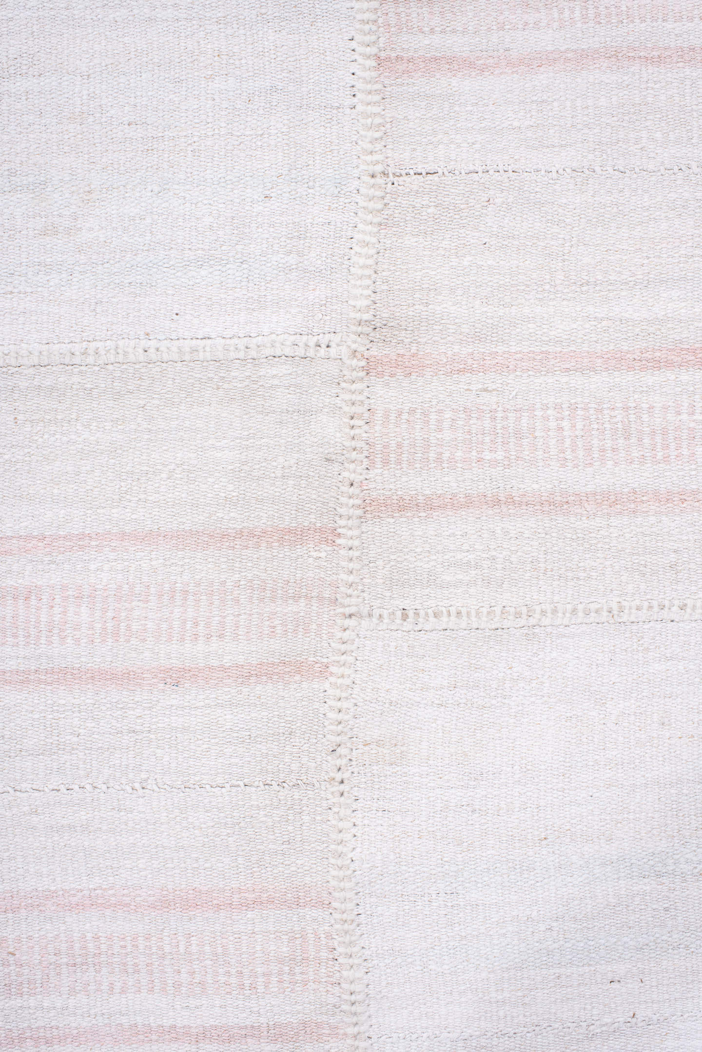 15' x 19' one-of-a-kind handmade antique Flatweave oversize rug. Color palette: ivory, blush, pale blue, cream, pink