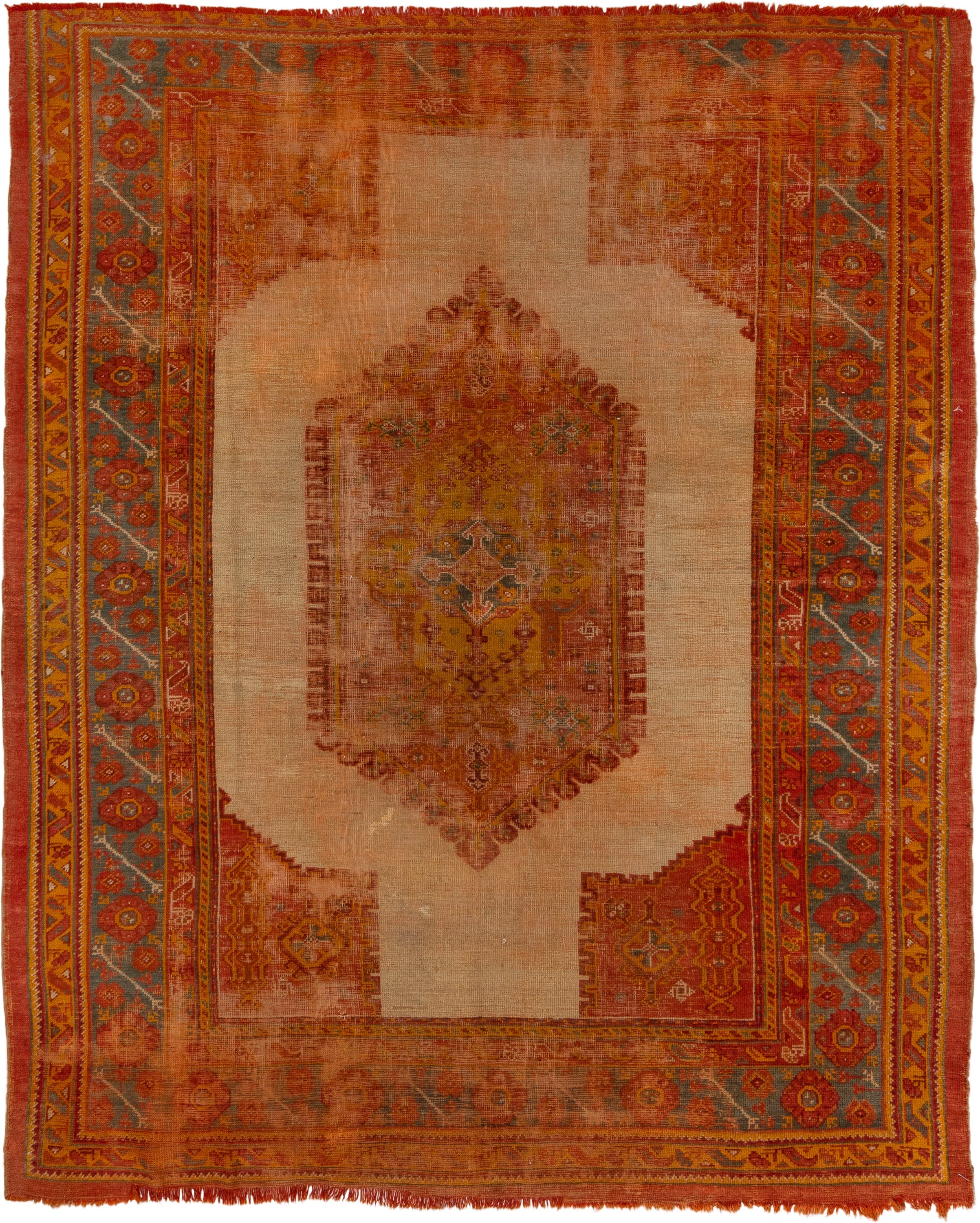 8' x 9' one-of-a-kind handmade vintage Oushak rug. Color palette: peach, rust, terra cotta, ivory, slate, gold, rose