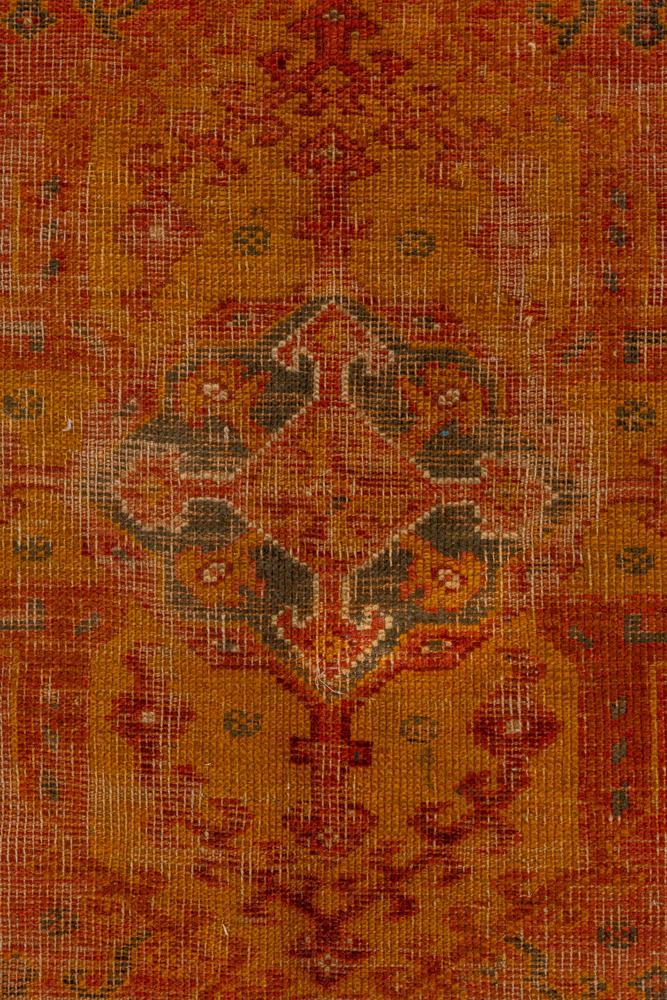 8' x 9' one-of-a-kind handmade vintage Oushak rug. Color palette: peach, rust, terra cotta, ivory, slate, gold, rose