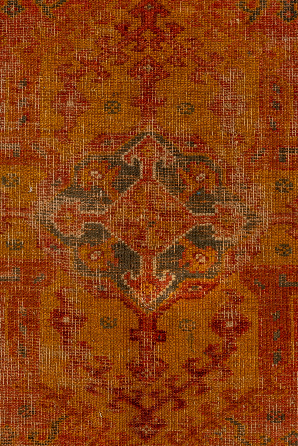 8' x 9' one-of-a-kind handmade vintage Oushak rug. Color palette: peach, rust, terra cotta, ivory, slate, gold, rose