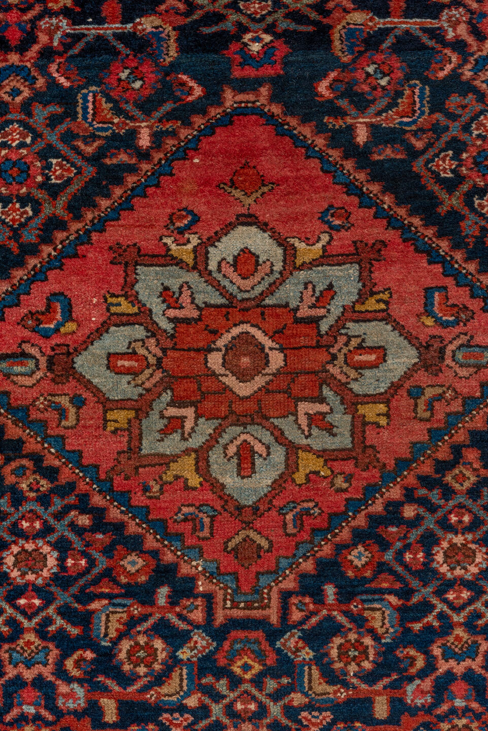 4' x 6' one-of-a-kind handmade vintage Malayer small size rug. Color palette: navy, coral, cobalt, rust, ivory, rose, camel