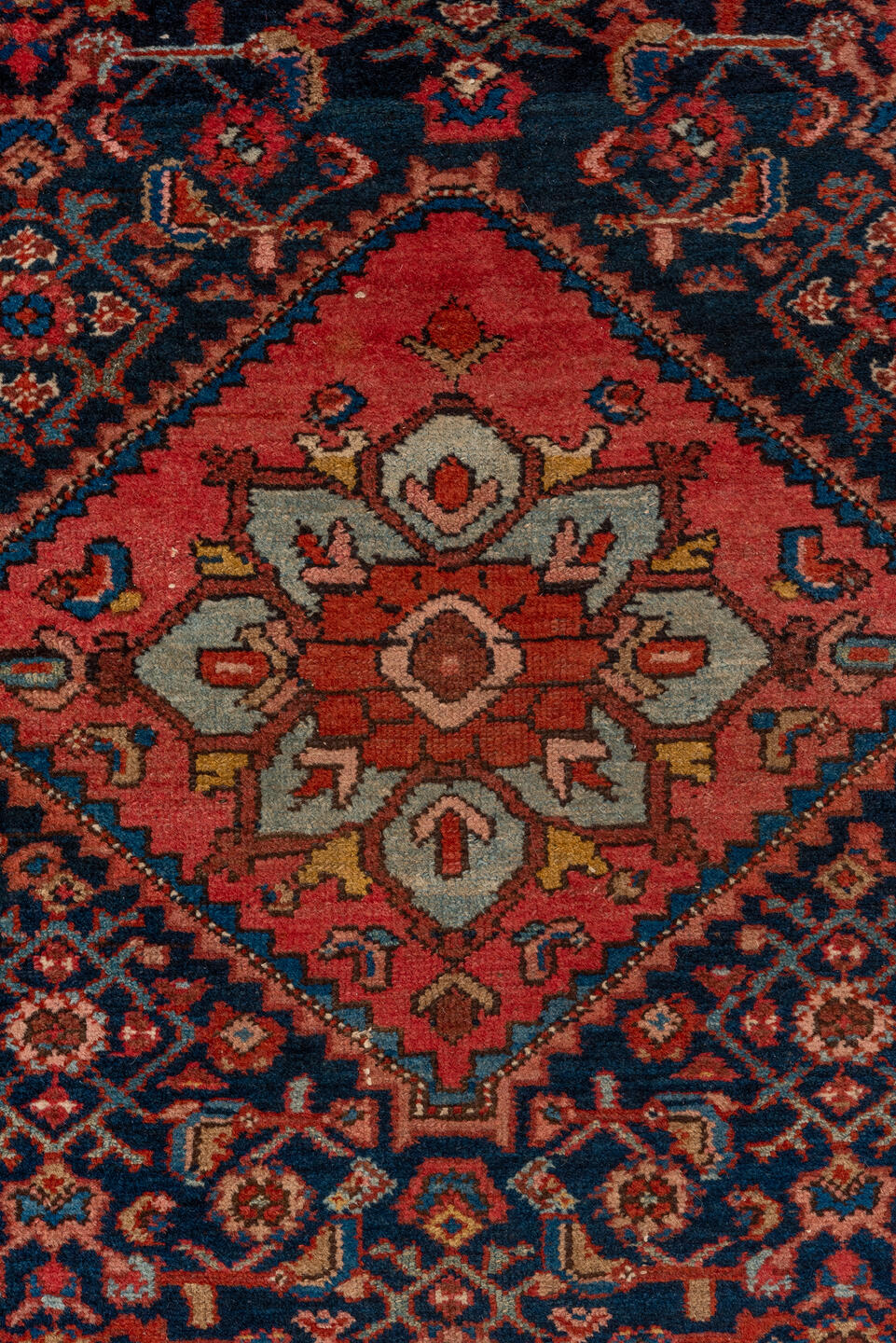 4' x 6' one-of-a-kind handmade vintage Malayer small size rug. Color palette: navy, coral, cobalt, rust, ivory, rose, camel