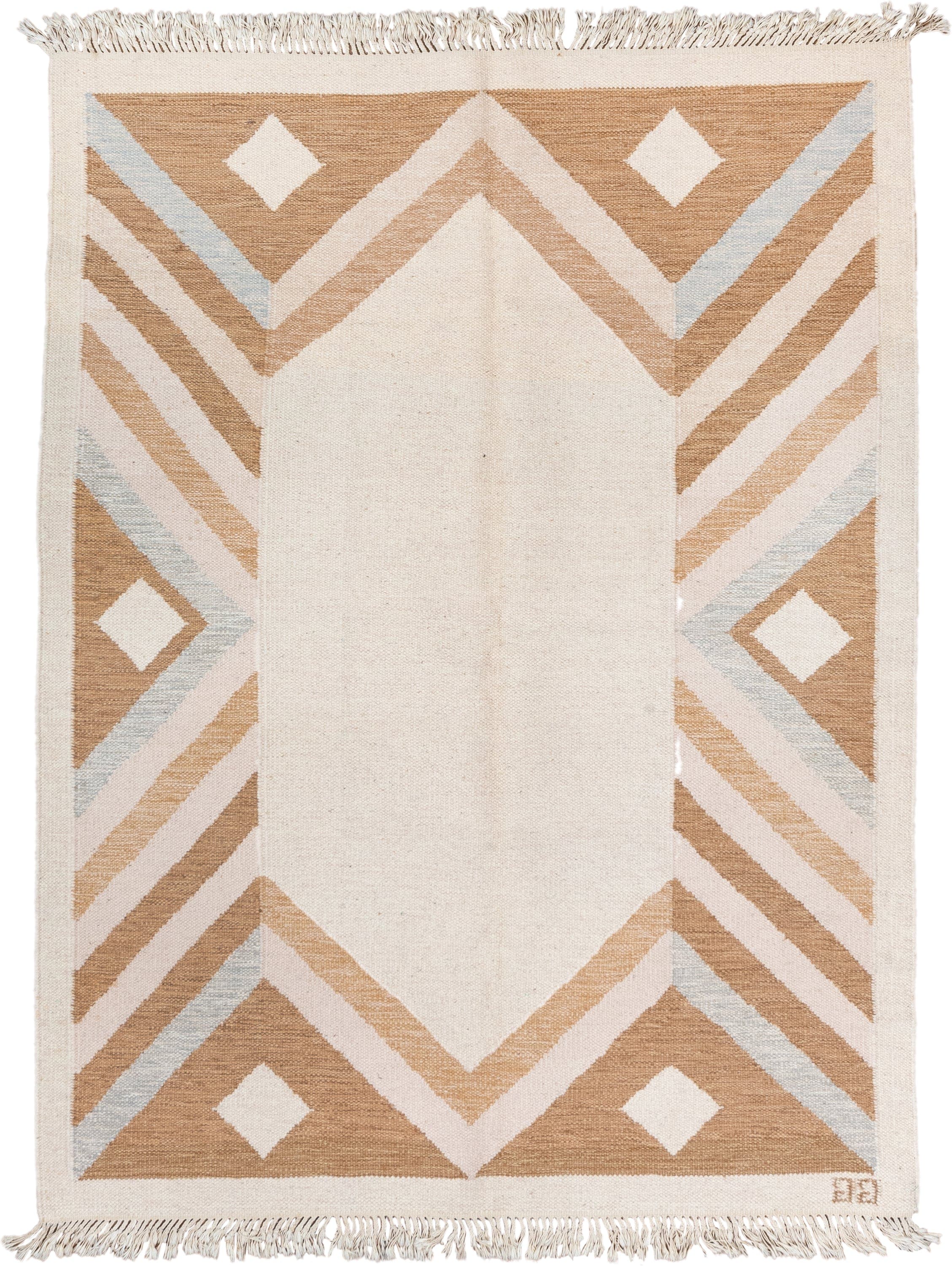 5' x 7' one-of-a-kind handmade vintage Rollaken rug. Color palette: ivory, camel, cream, pale_blue, beige, light blue